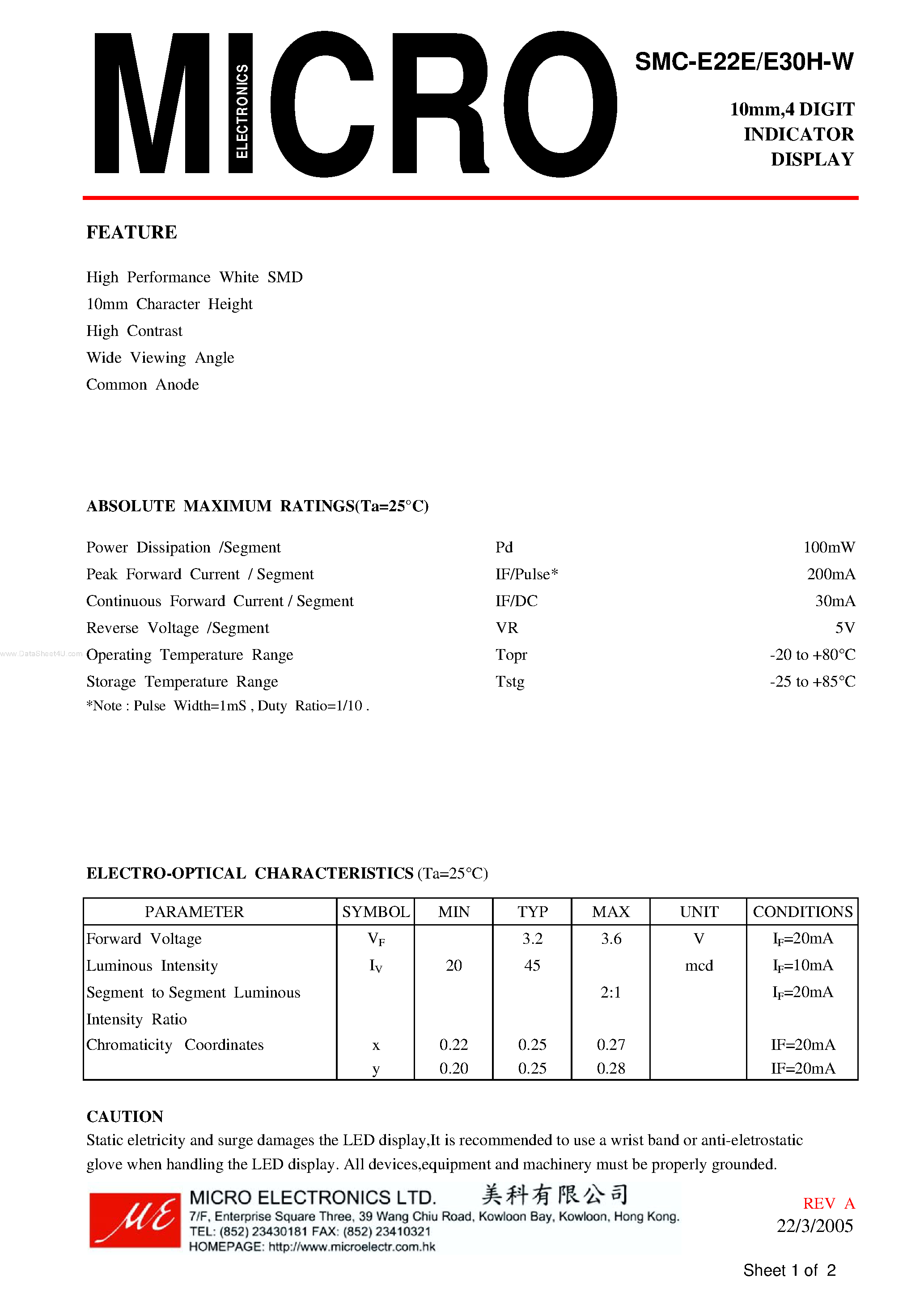 Datasheet SMC-E30H-W - 4 DIGIT INDICATOR DISPLAY page 1