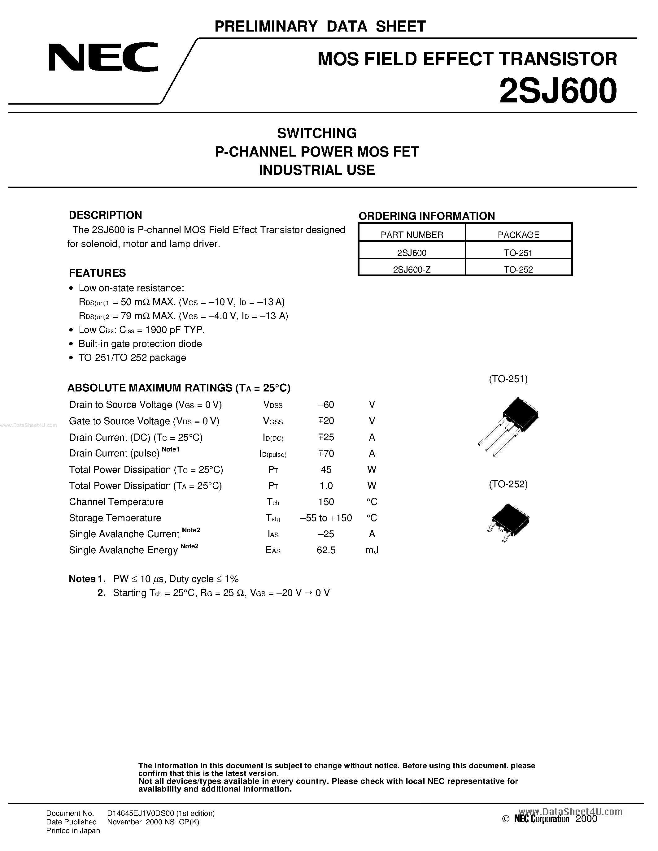 Datasheet 2SJ600 - SWITCHING P-CHANNEL POWER MOS FET INDUSTRIAL USE page 1