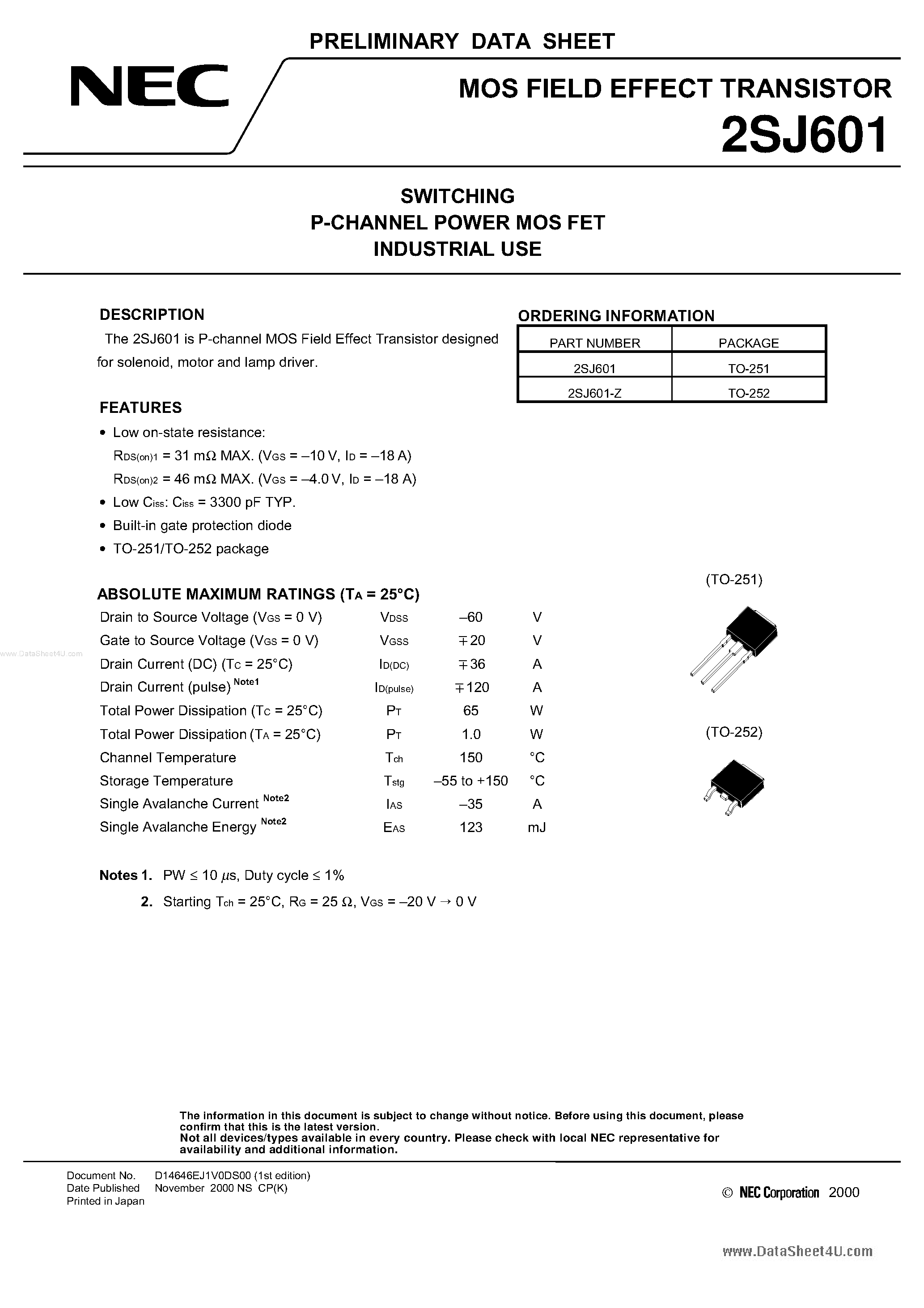 Datasheet 2SJ601 - SWITCHING P-CHANNEL POWER MOS FET INDUSTRIAL USE page 1