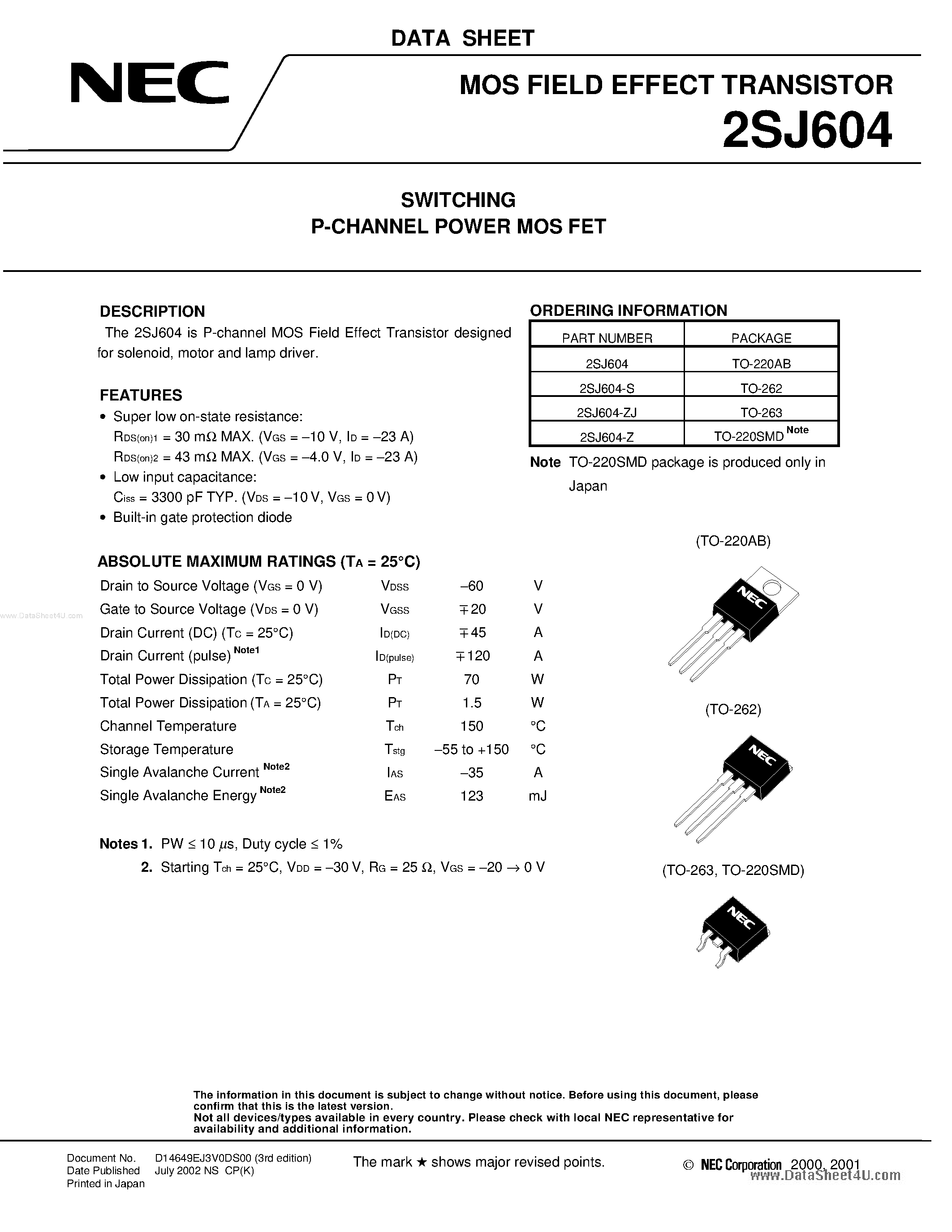 Даташит 2SJ604 - MOS FIELD EFFECT TRANSISTOR страница 1