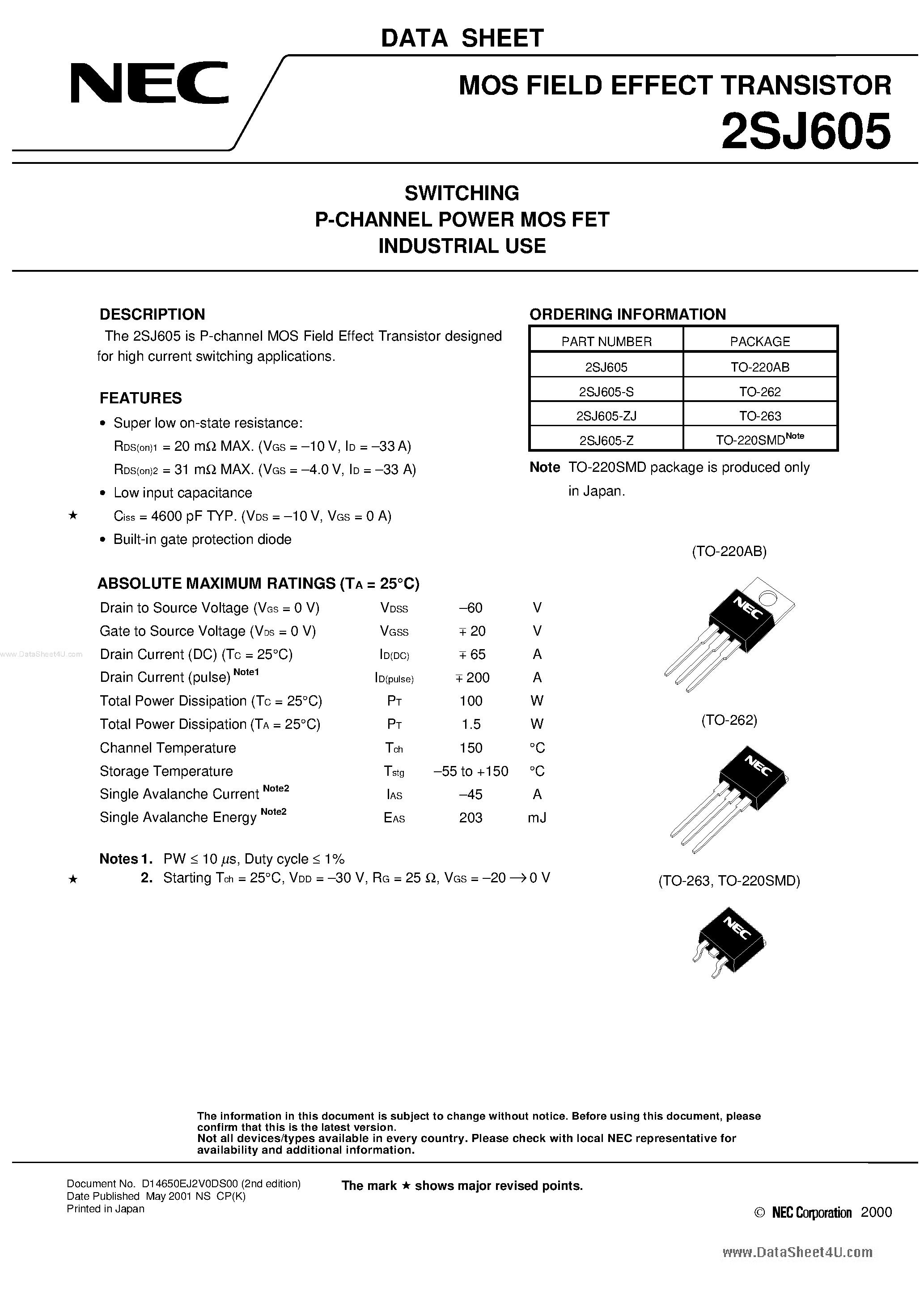 Даташит 2SJ605 - MOS FIELD EFFECT TRANSISTOR страница 1