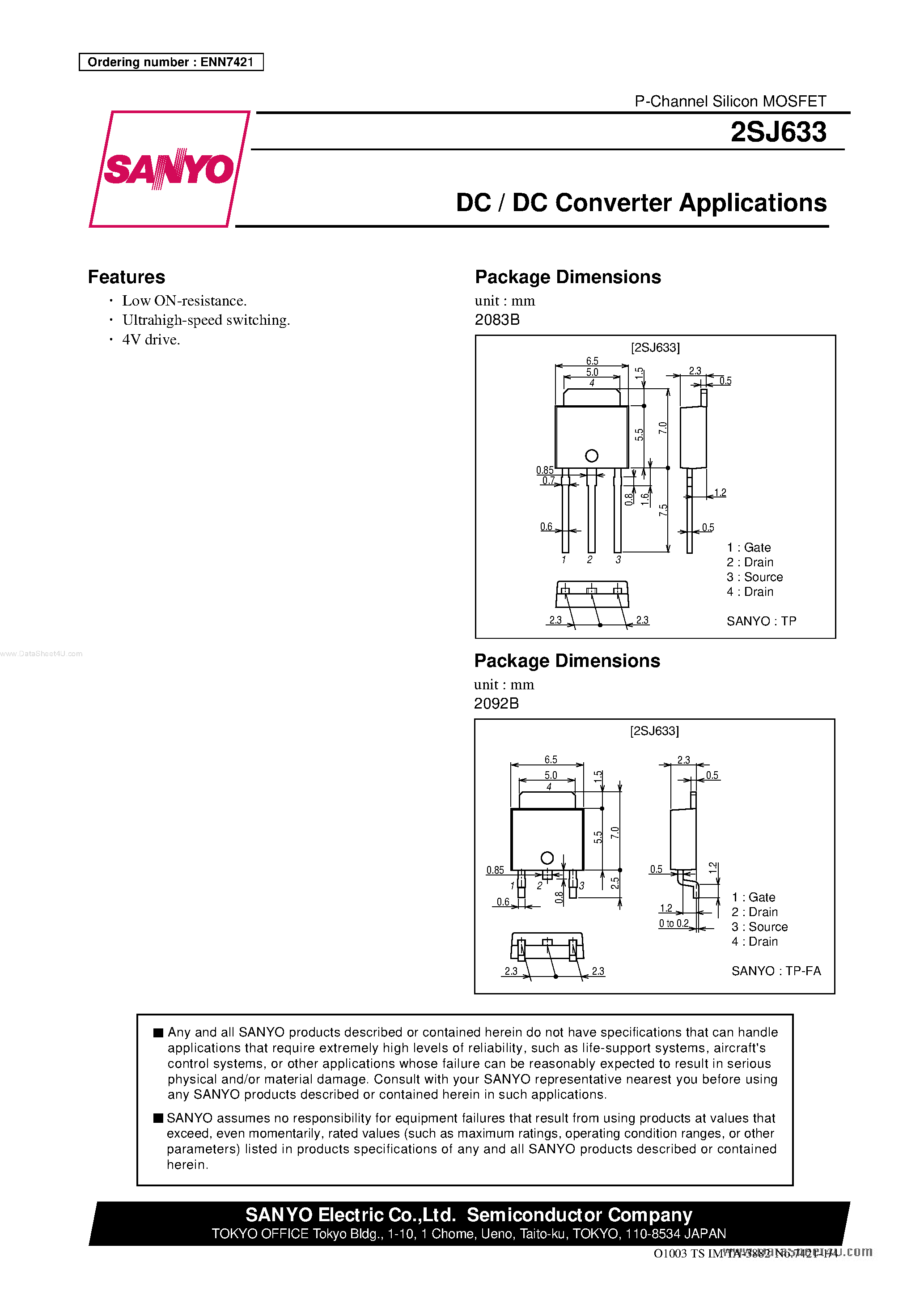Даташит 2SJ633 - DC/DC Converter Applications страница 1