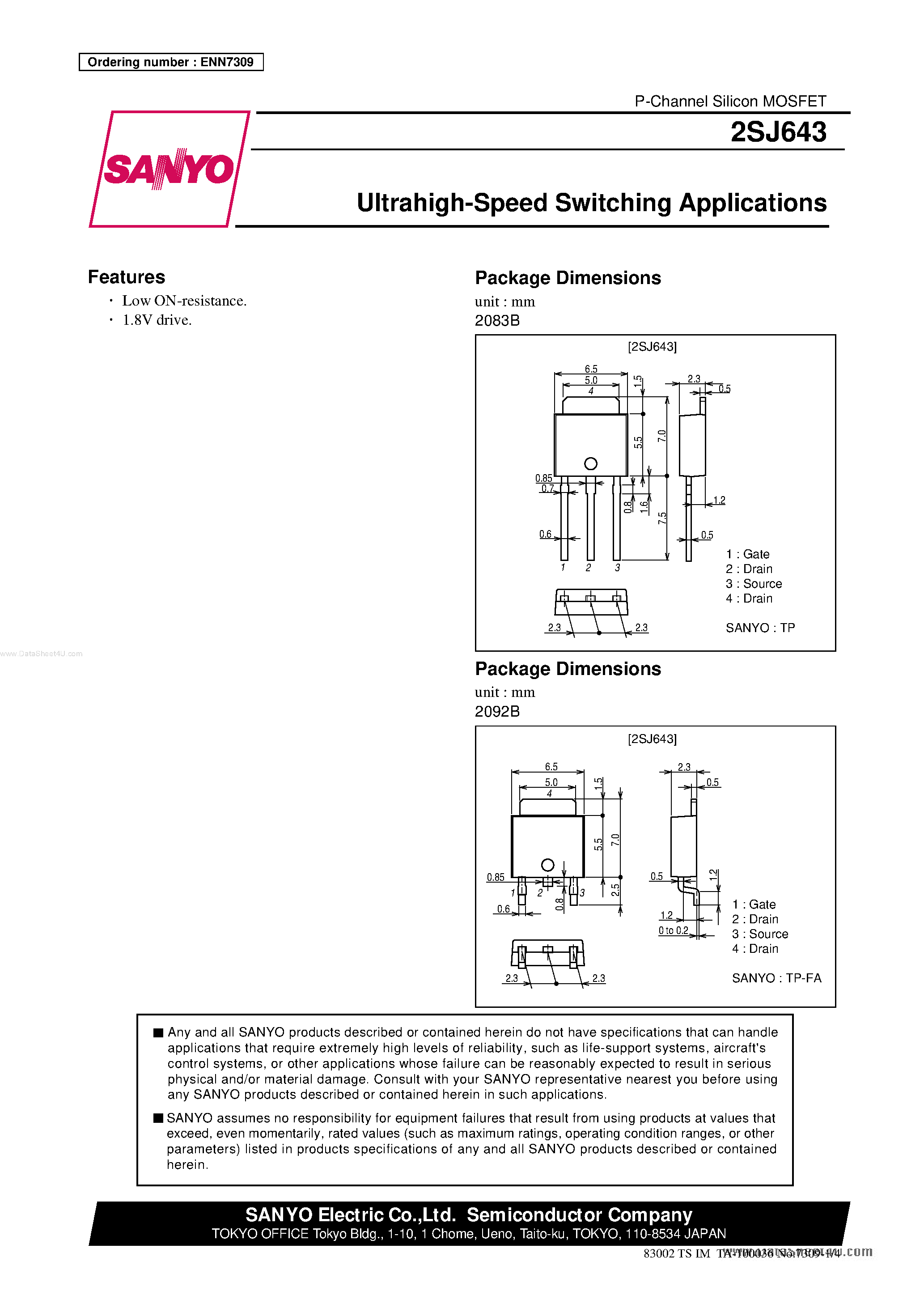 Даташит 2SJ643 - P CHANNEL MOS SILICON TRANSISTOR страница 1