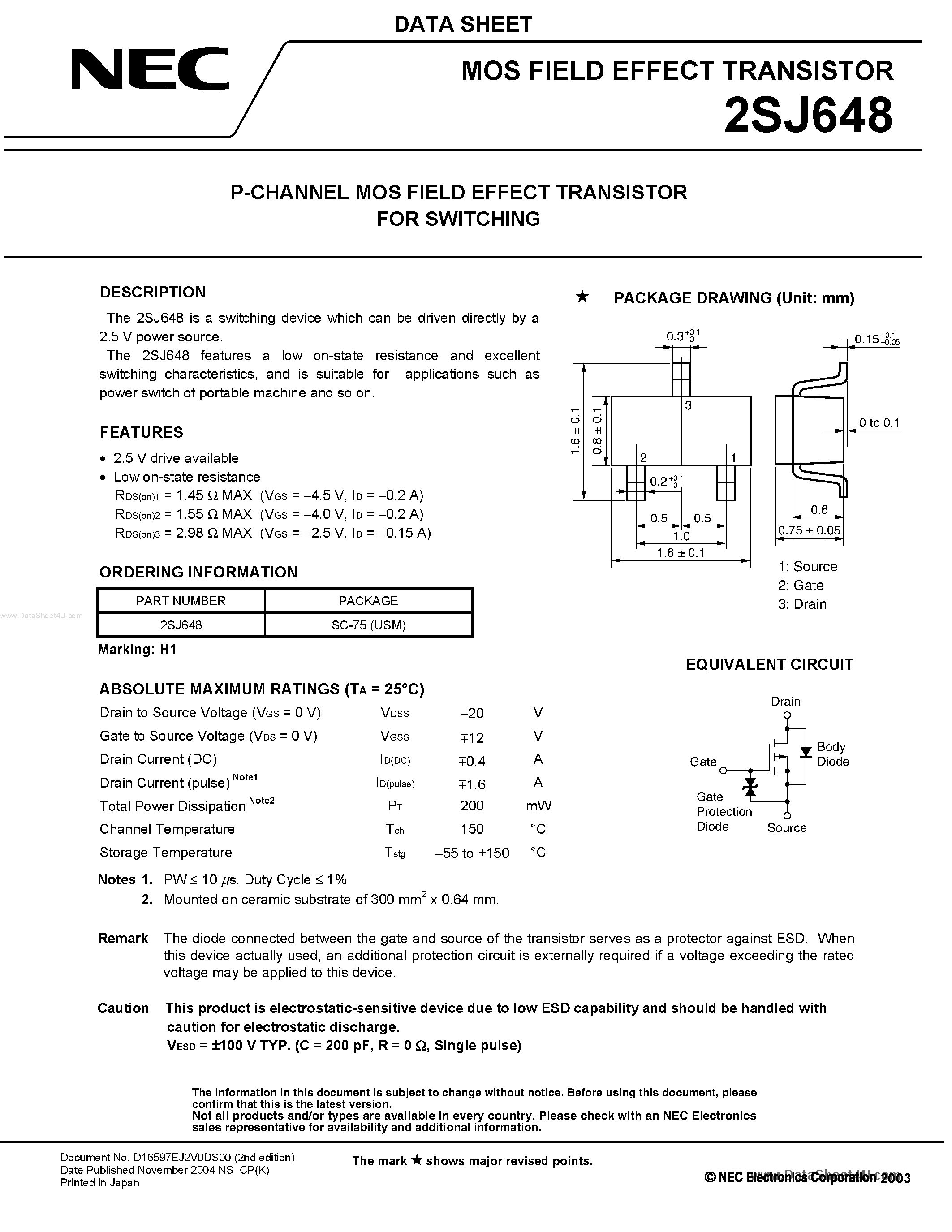 Даташит 2SJ648 - MOS FIELD EFFECT TRANSISTOR страница 1