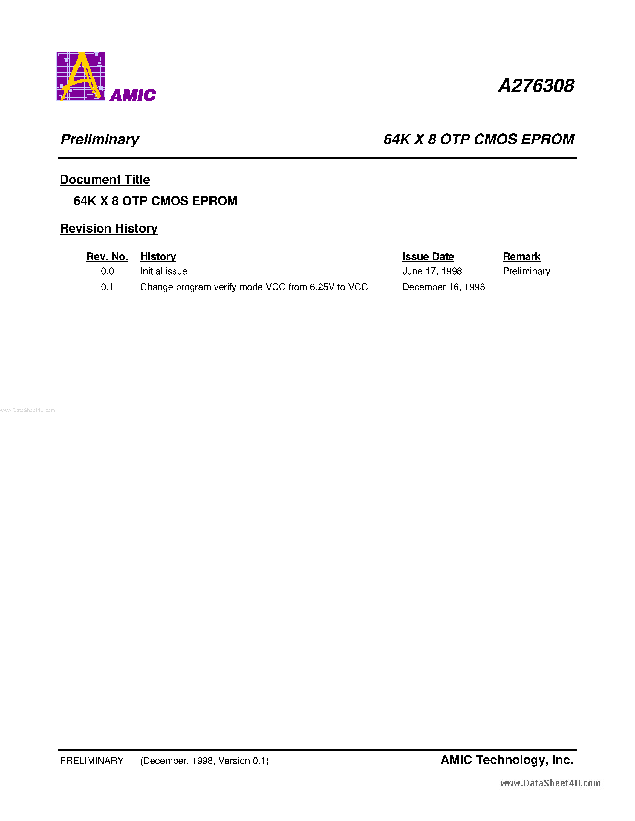 Datasheet A276308 - 64K X 8 OTP CMOS EPROM page 1