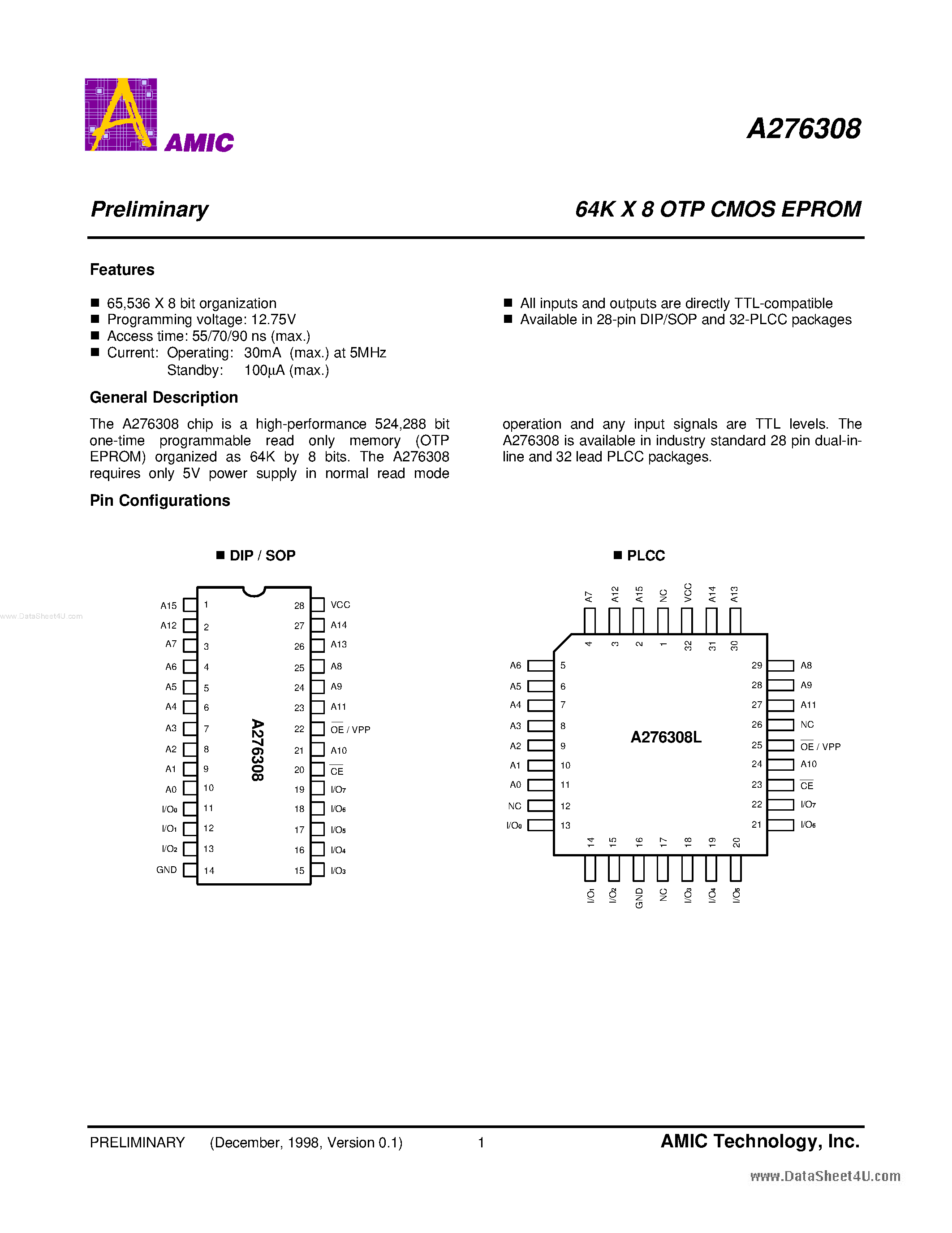 Datasheet A276308 - 64K X 8 OTP CMOS EPROM page 2