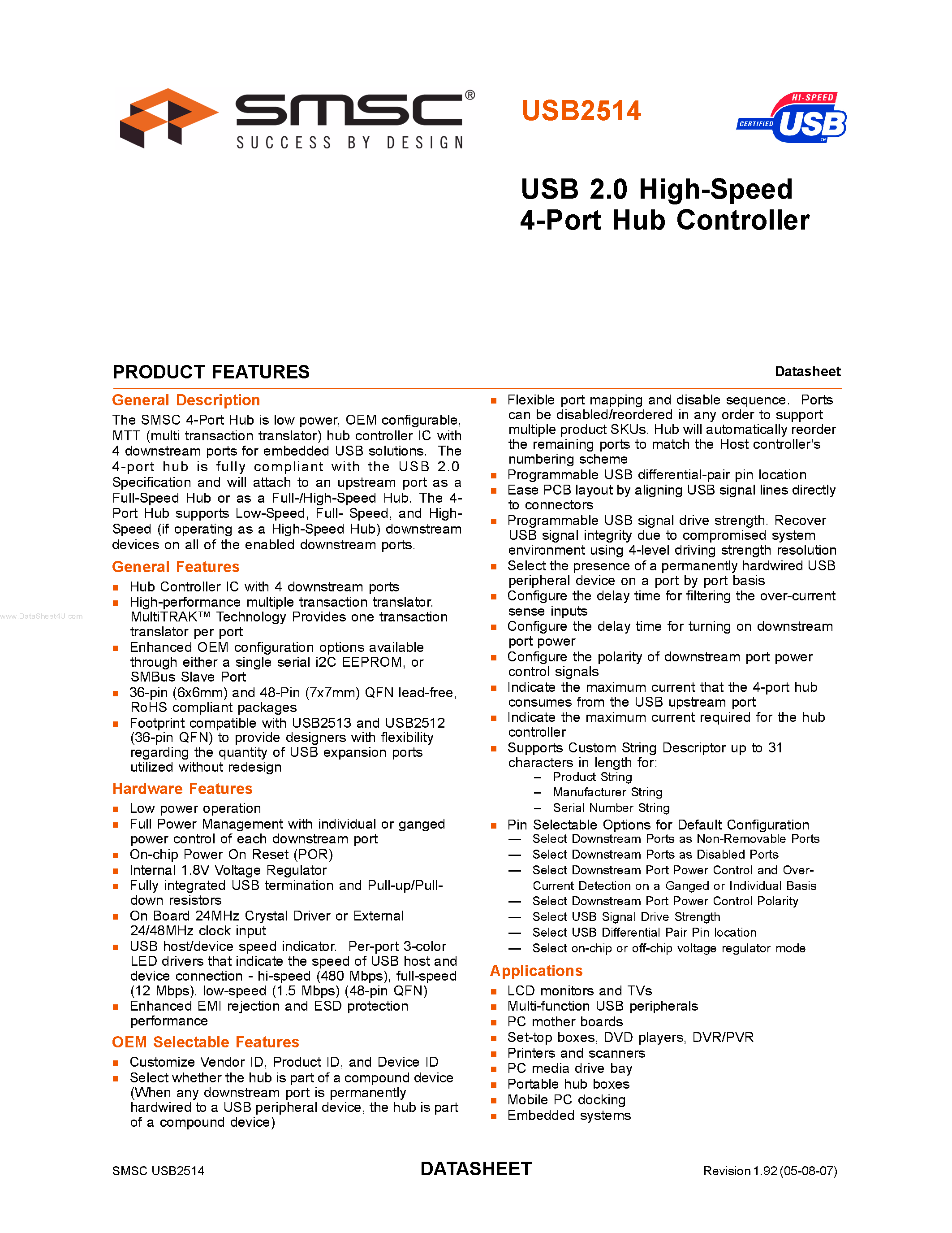 Datasheet USB2514 - USB 2.0 High-Speed 4-Port Hub Controller page 1