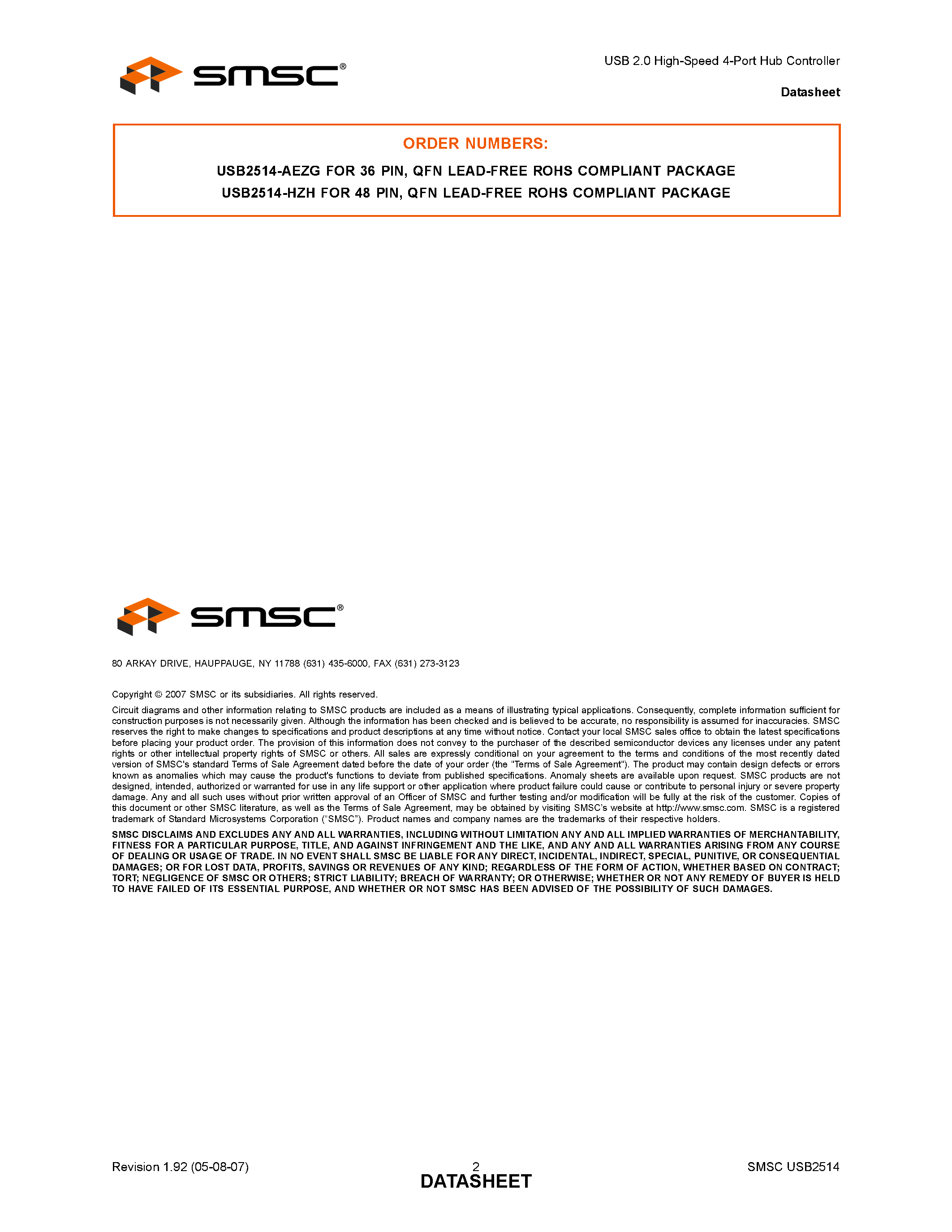 Datasheet USB2514 - USB 2.0 High-Speed 4-Port Hub Controller page 2