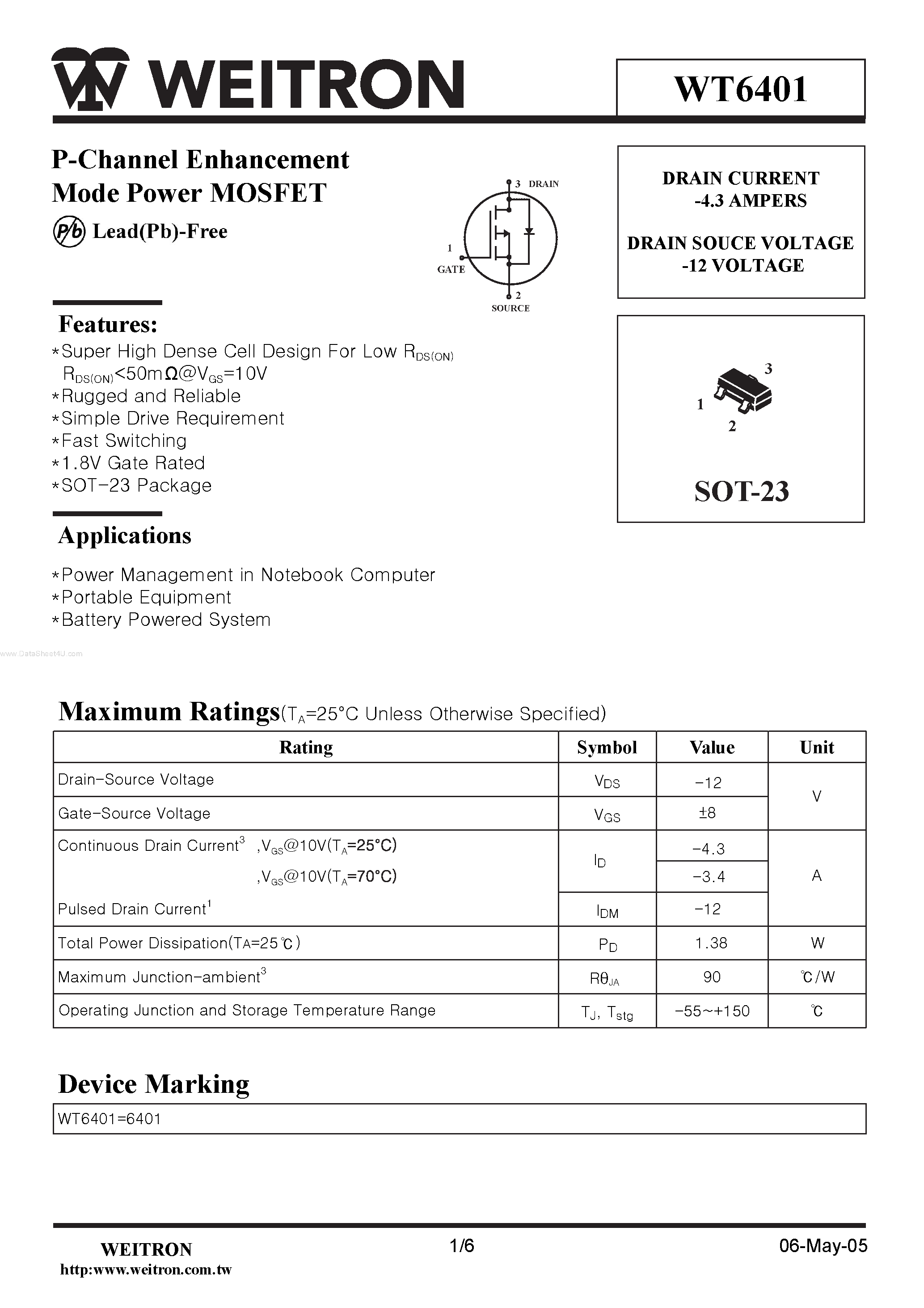 Datasheet WT6401 page 1 Datasheet WT6401 - P-Channel Enhancement Mode Power MOSFET page 1