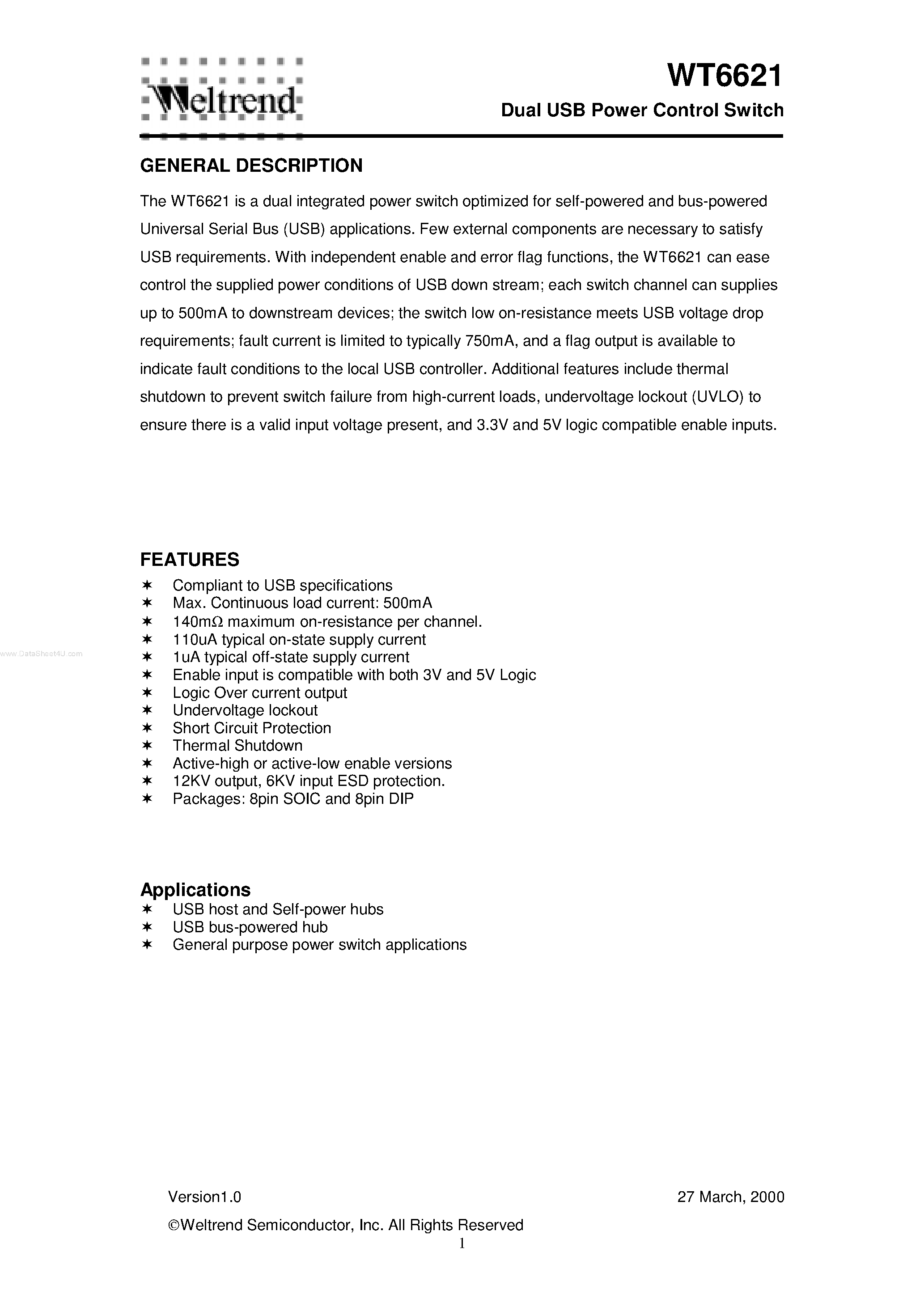 Datasheet WT6621 - Dual USB Power Control Switch page 1