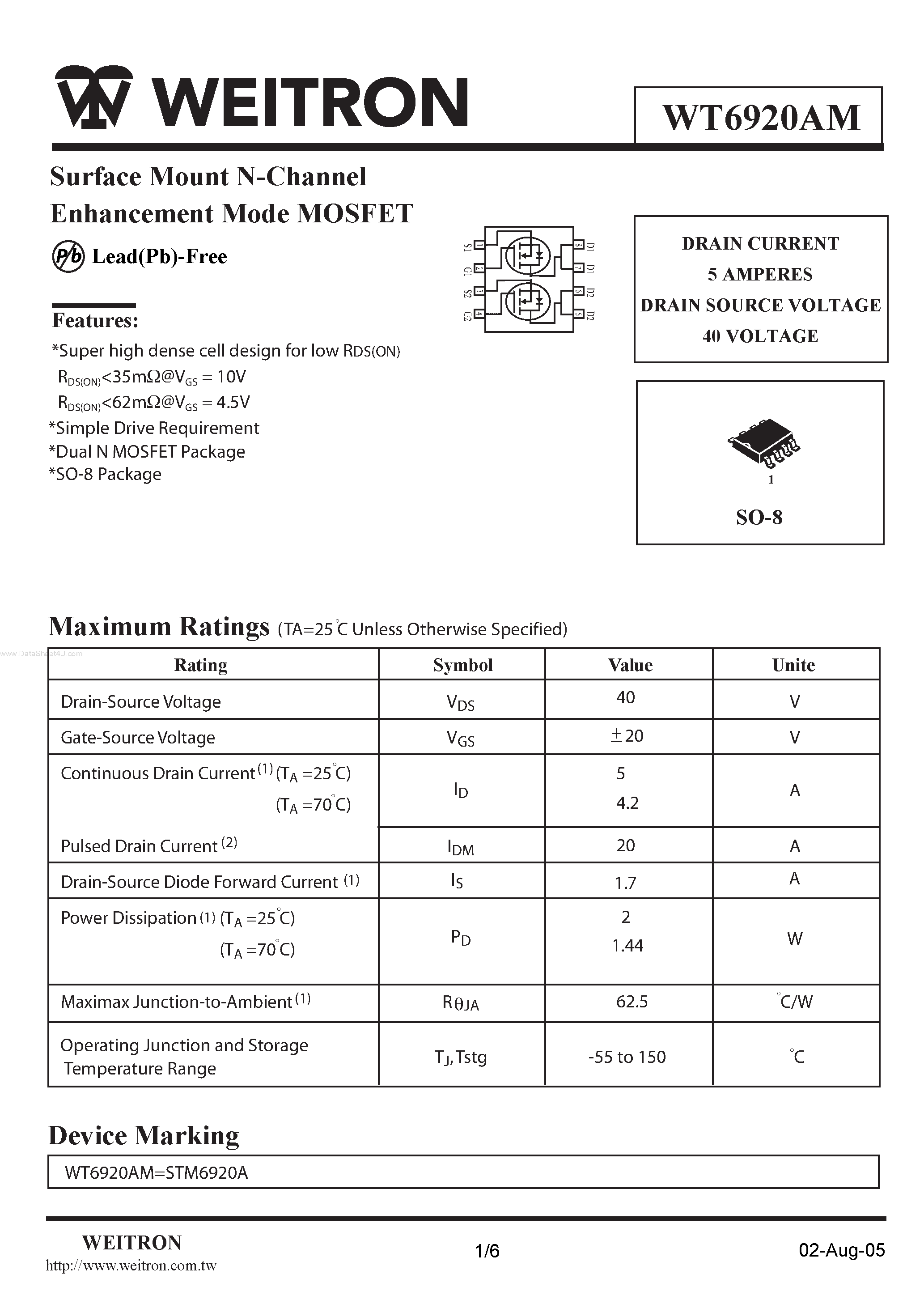 Datasheet WT6920AM page 1 Datasheet WT6920AM - Surface Mount N-Channel Enhancement Mode MOSFET page 1