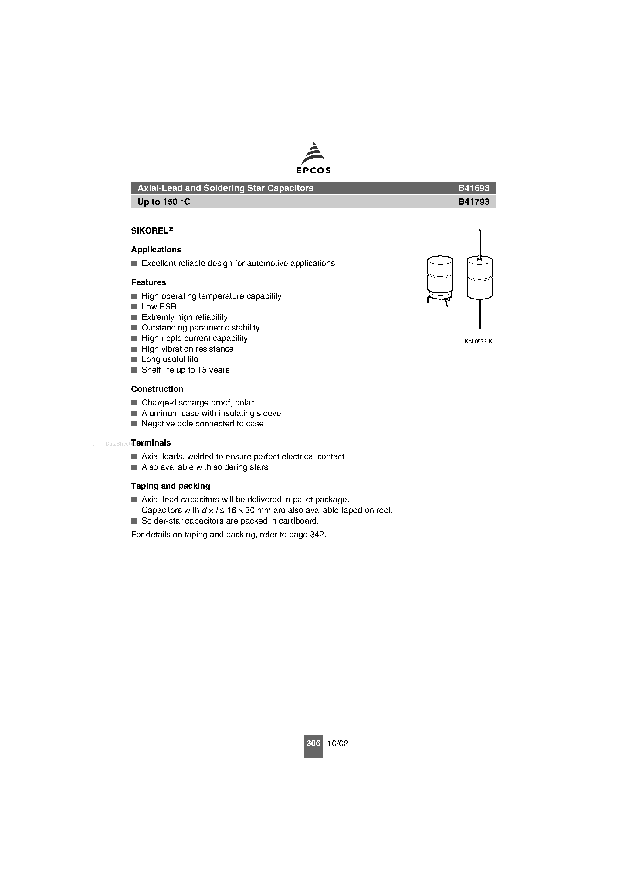 Datasheet B41693 page 1 Datasheet B41693 - (B41693 / B41793) Axial-Lead and Soldering Star Capacitors page 1