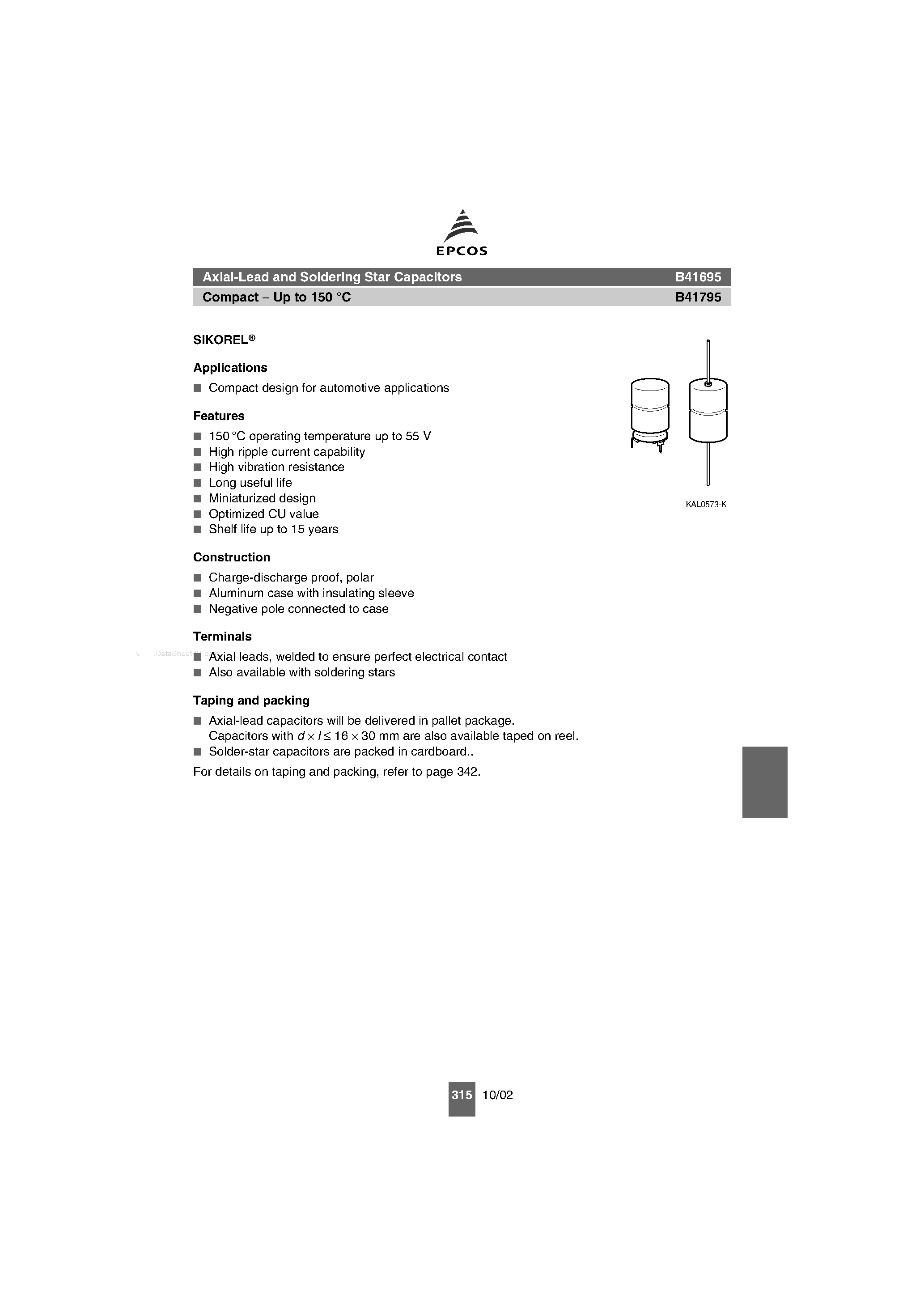 Datasheet B41695 - (B41695 / B41795) Axial-Lead and Soldering Star Capacitors page 1