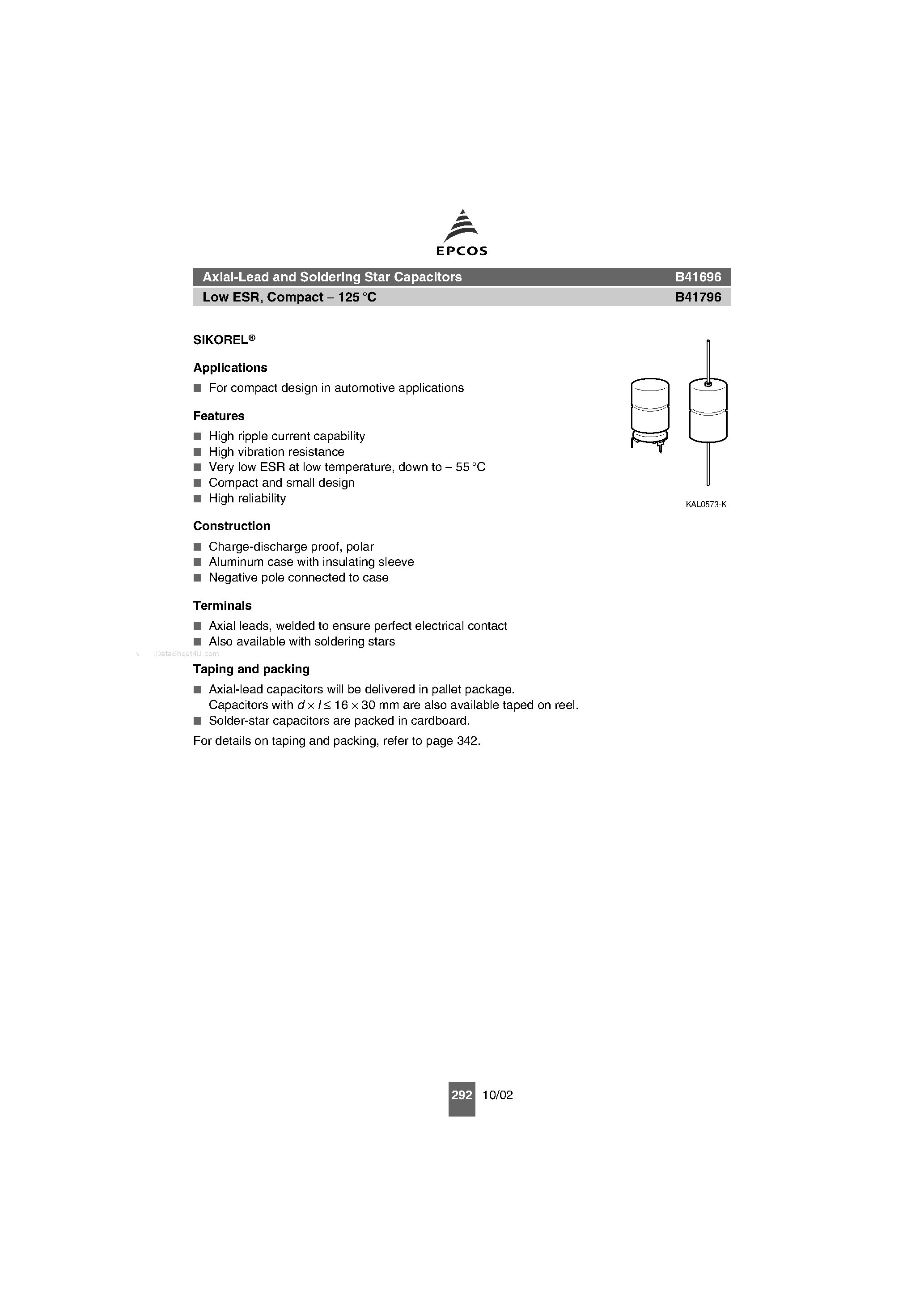 Datasheet B41696 page 1 Datasheet B41696 - (B41696 / B41796) Axial-Lead and Soldering Star Capacitors page 1
