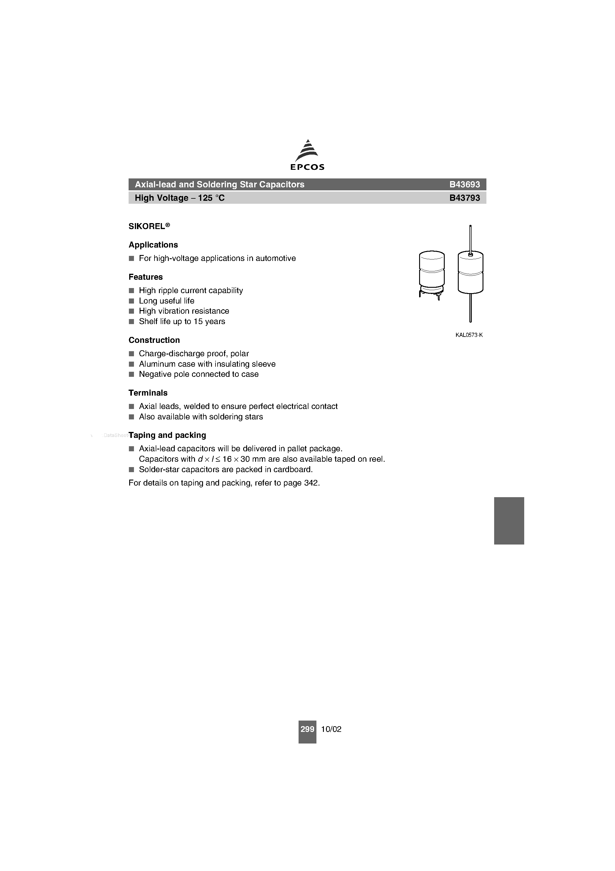 Datasheet B43693 - (B43693 / B43793) Axial-lead and Soldering Star Capacitors page 1