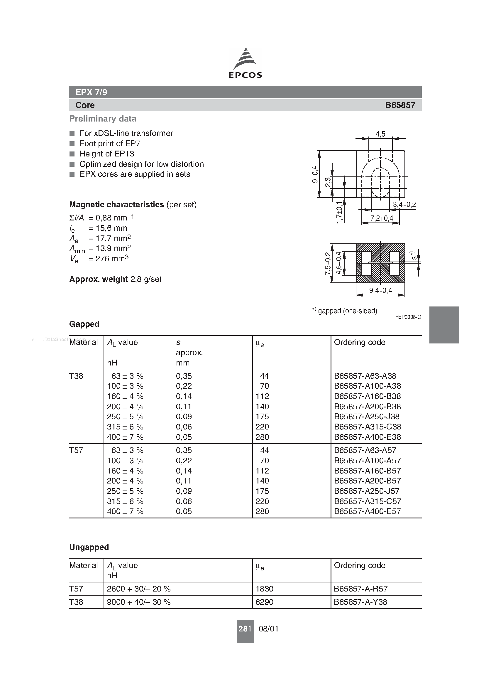 Даташит B65857 - EPX 7/9 For xDSL-line transformer страница 1
