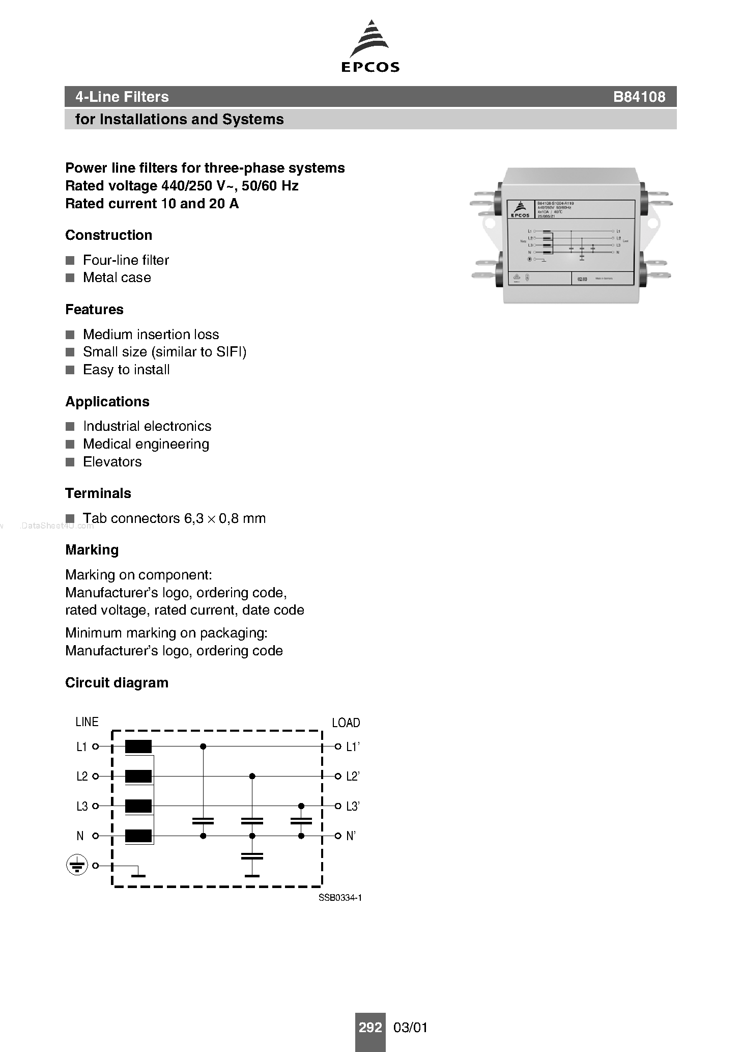 Datasheet B84108 - 4-Line Filters page 1