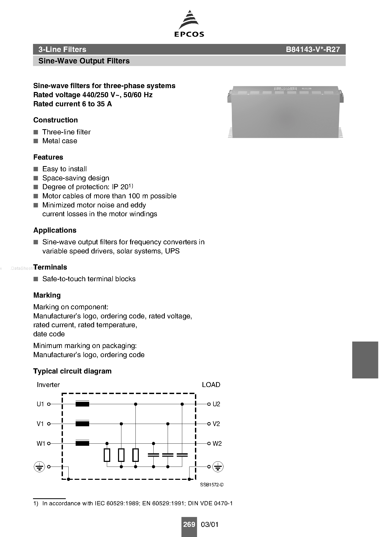 Datasheet B84143-Vxx-R27 page 1 Datasheet B84143-Vxx-R27 - 3-Line Filters Sine-Wave Output Filters page 1
