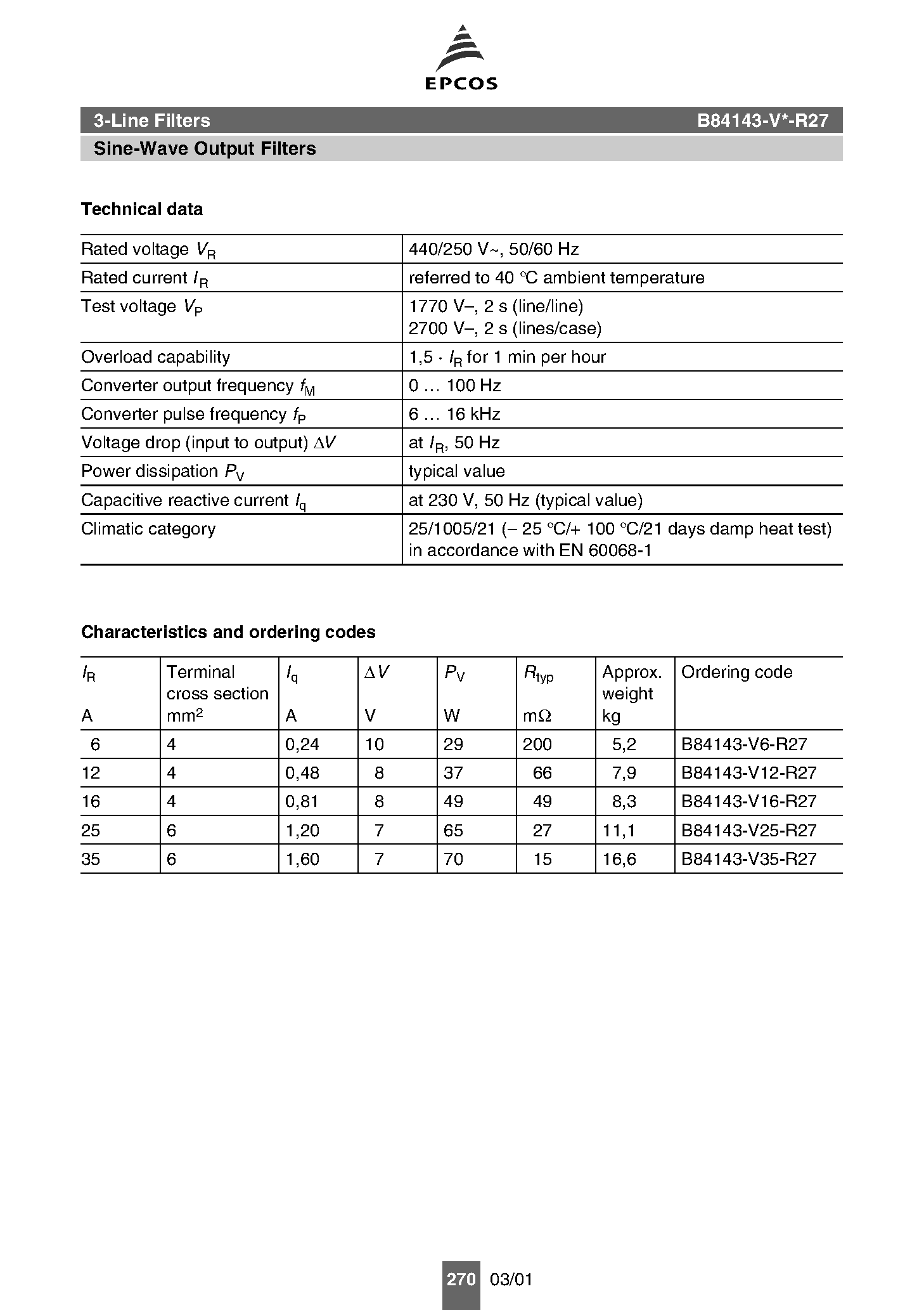Datasheet B84143-Vxx-R27 page 2 Datasheet B84143-Vxx-R27 - 3-Line Filters Sine-Wave Output Filters page 2