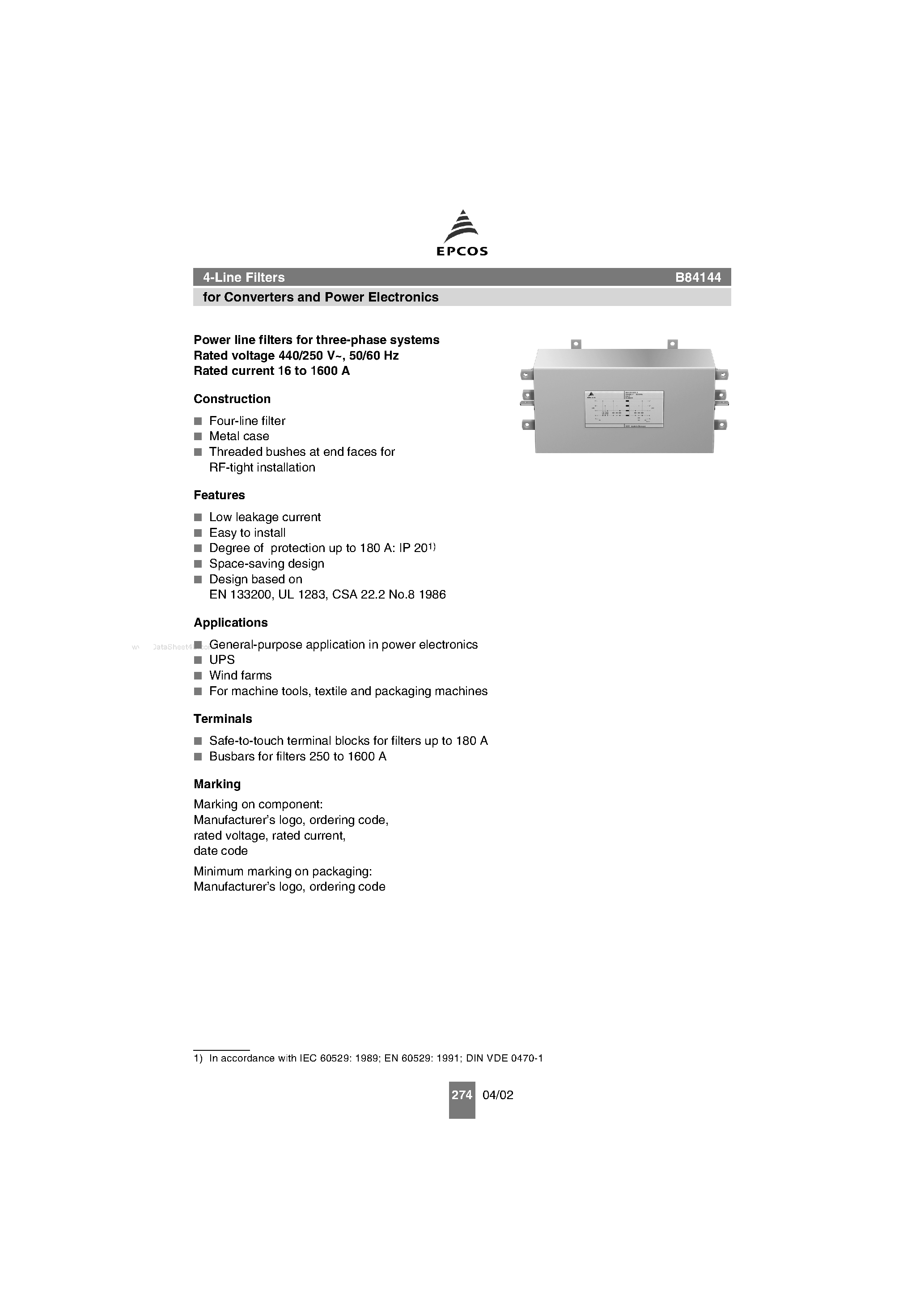 Datasheet B84144 - 4-Line Filters page 1
