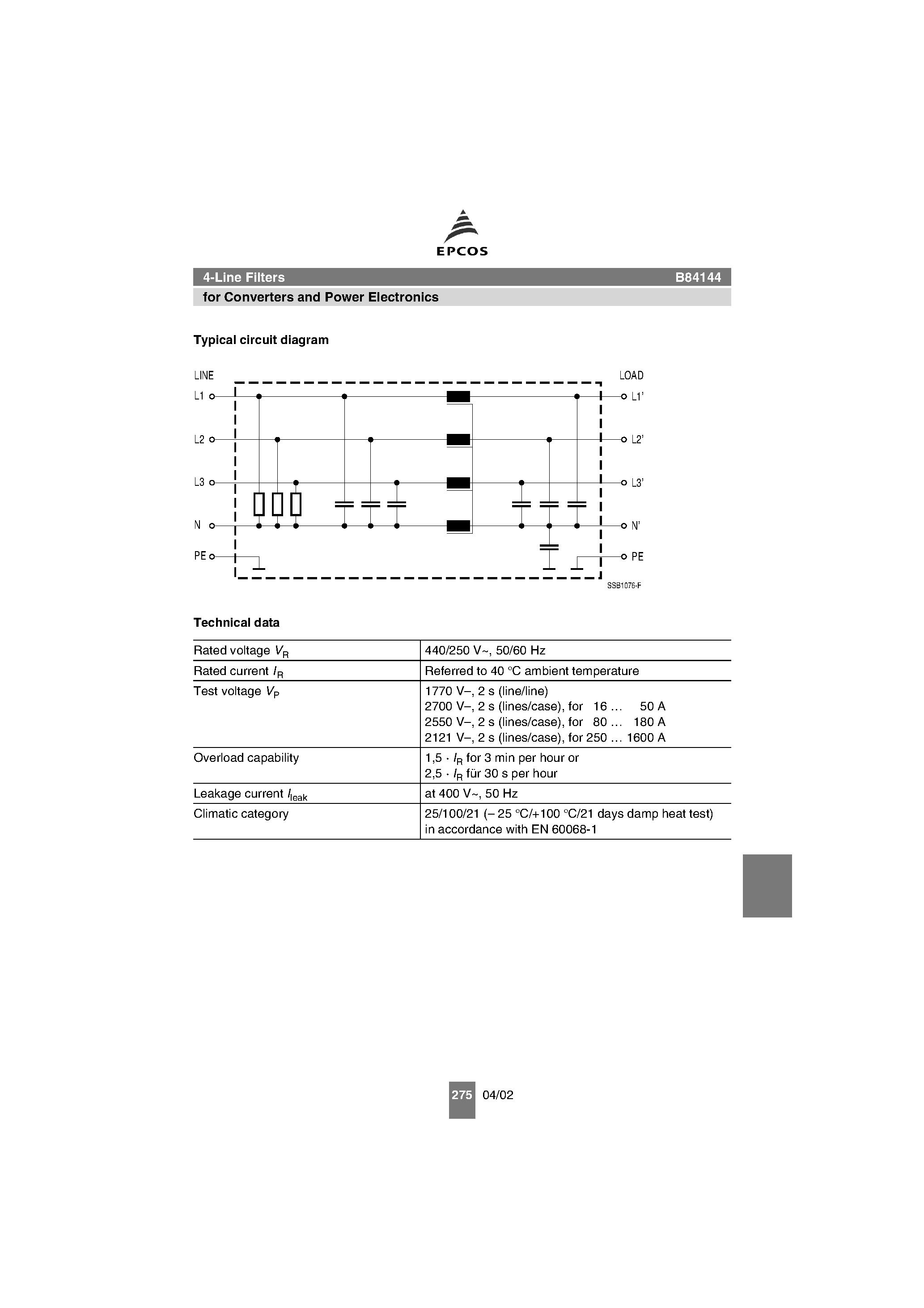 Datasheet B84144 - 4-Line Filters page 2