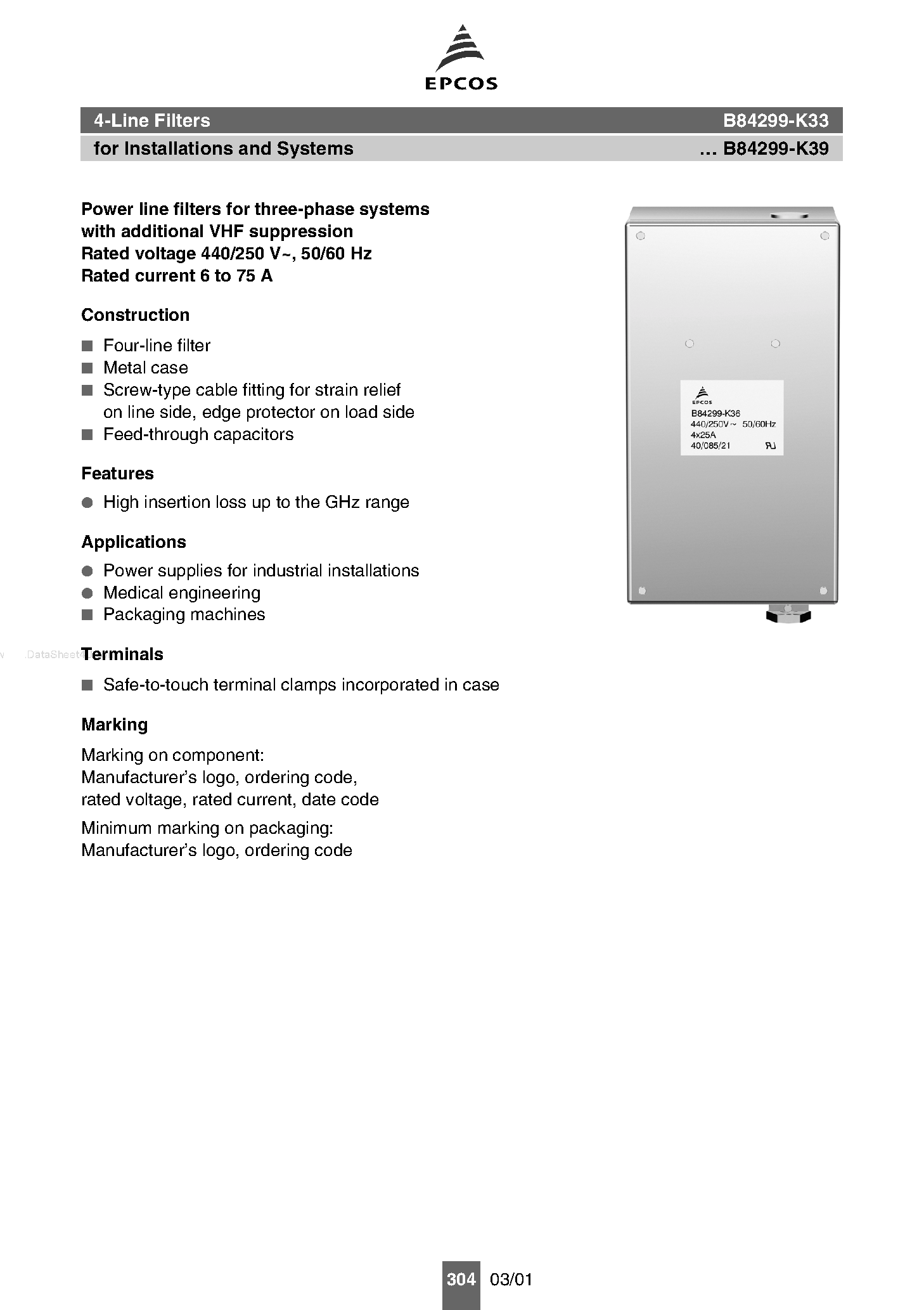 Datasheet B84299-K33 page 1 Datasheet B84299-K33 - (B84299-K3x) 4-Line Filters page 1