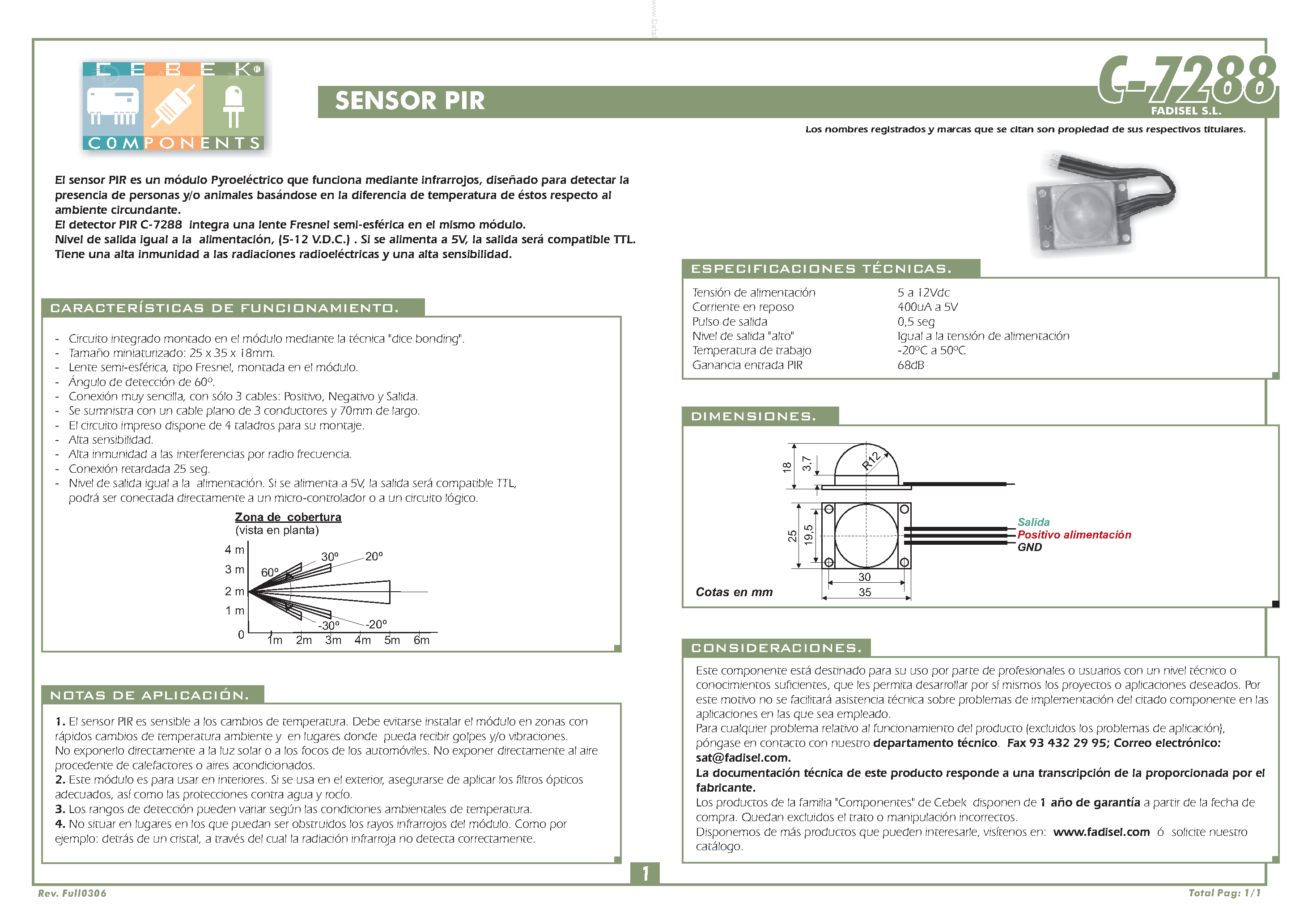Datasheet C-7288 - SENSOR PIR page 1