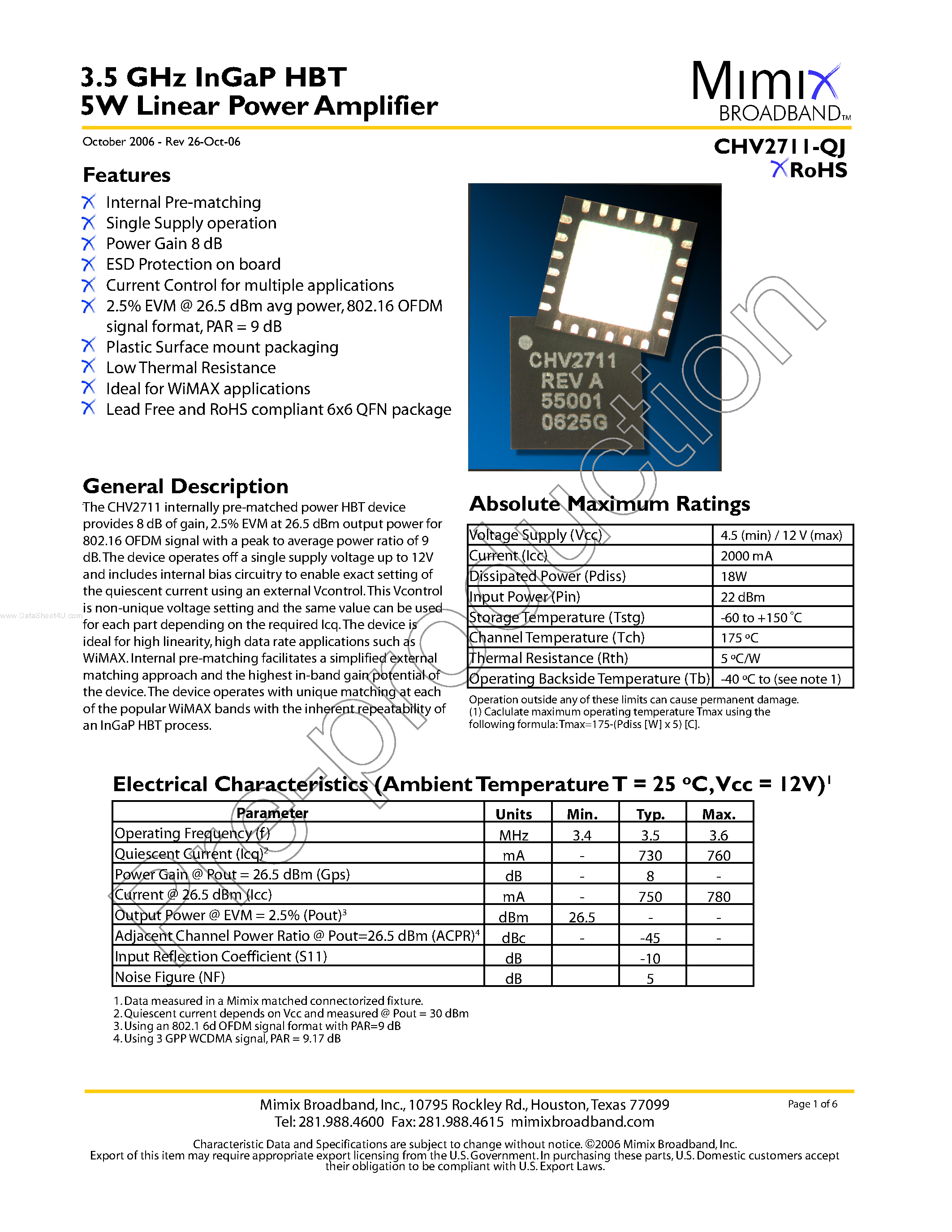 Datasheet CHV2711-QJ - 3.5 GHz InGaP HBT 5W Linear Power Amplifier page 1