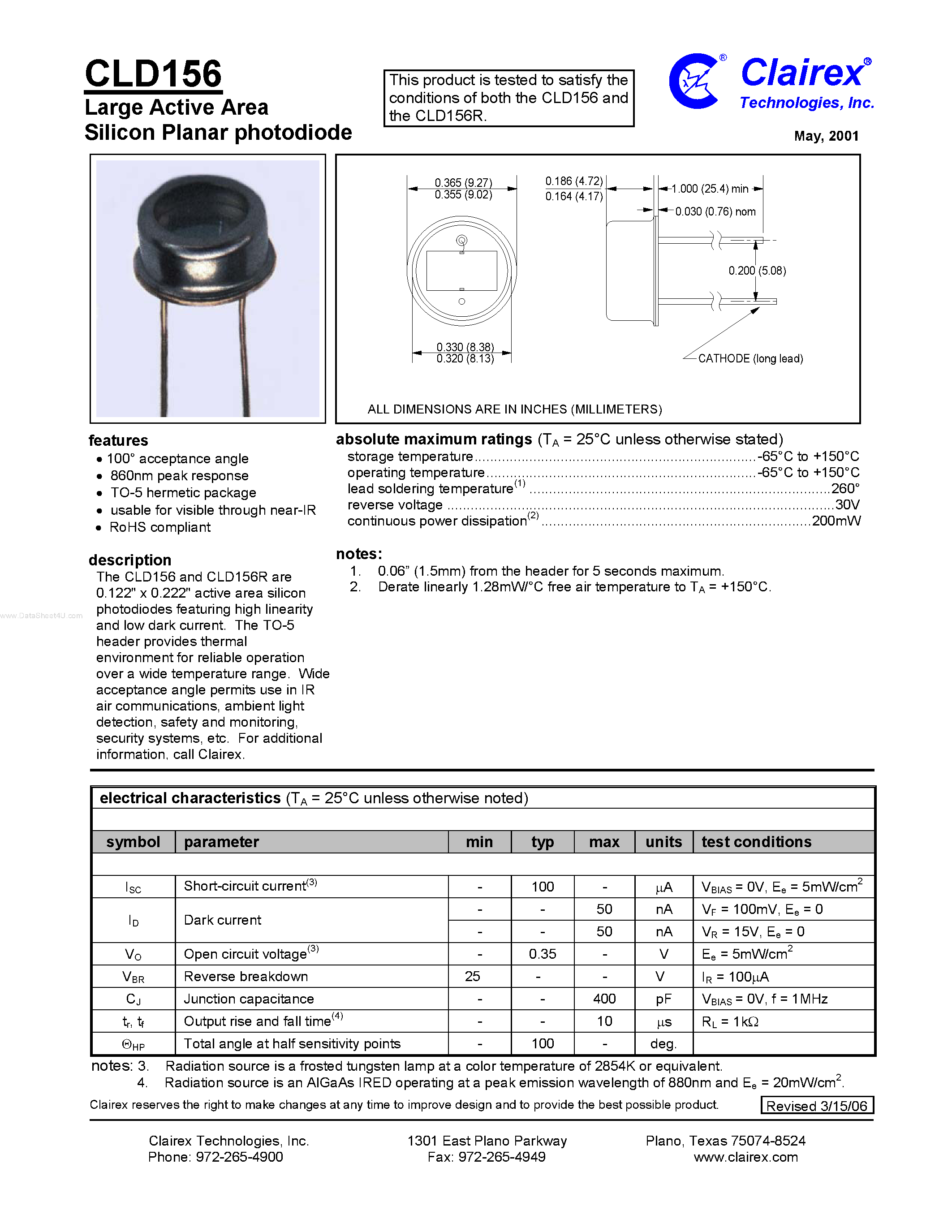 Даташит CLD156 - Large Active Area Silicon Planar photodiode страница 1