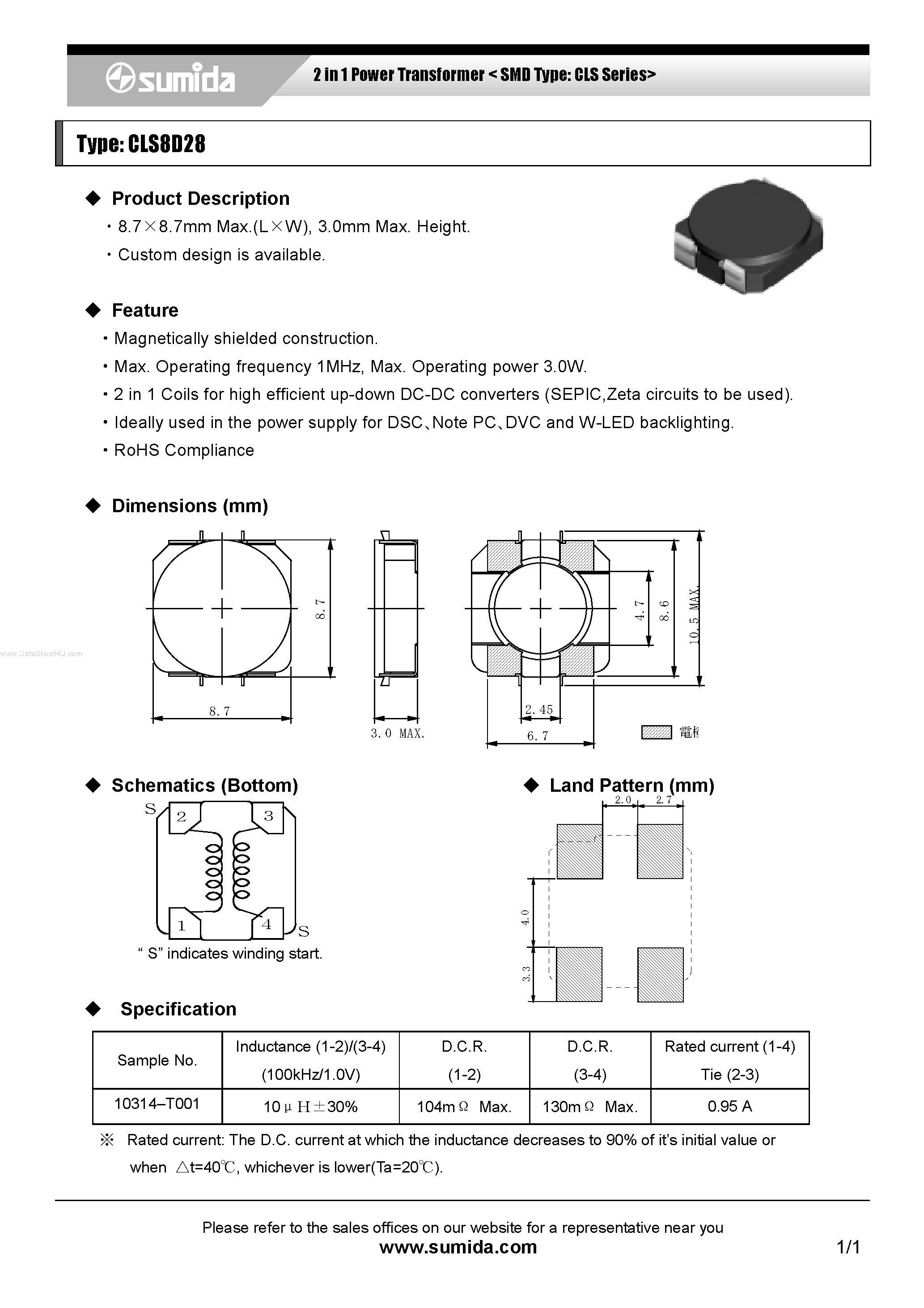 Даташит CLS8D28 - 2 in 1 Power Transformer страница 1
