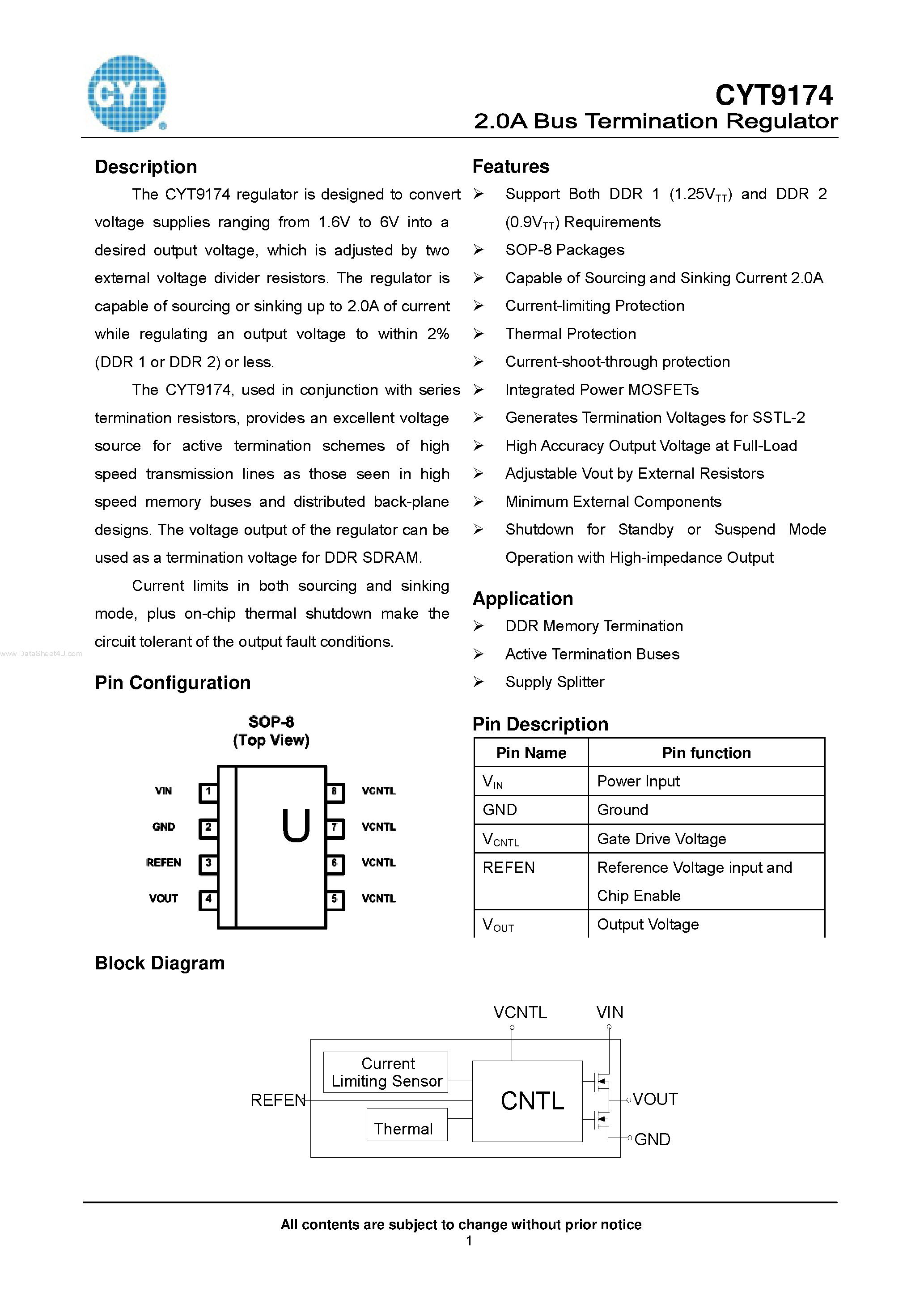 Даташит на микросхему CYT9174 страница 1 Даташит CYT9174 - 2.0A Bus Termination Regulator страница 1