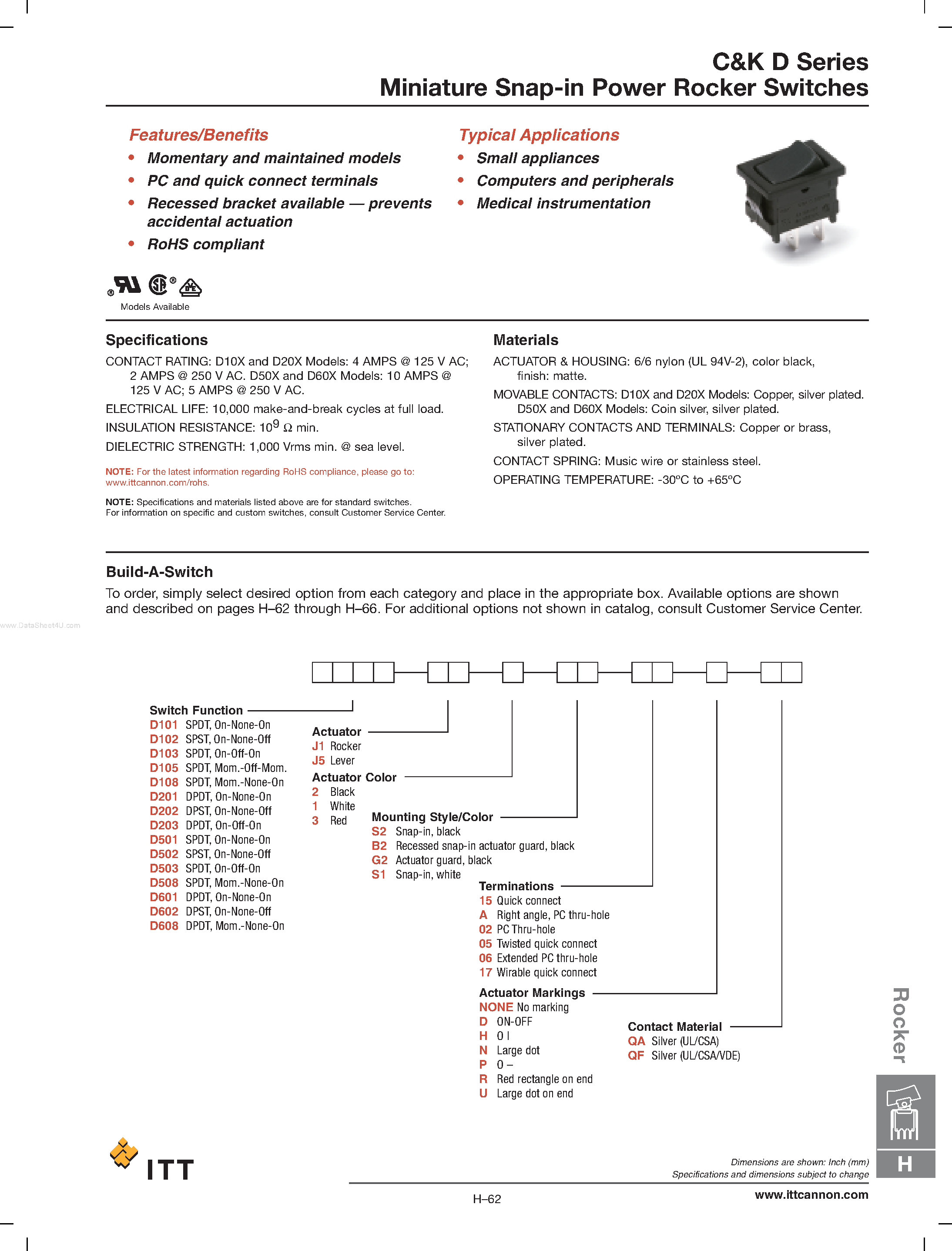 Даташит на микросхему D202Jxxxx страница 1 Даташит D202Jxxxx - Miniature Snap-in Power Rocker Switches страница 1