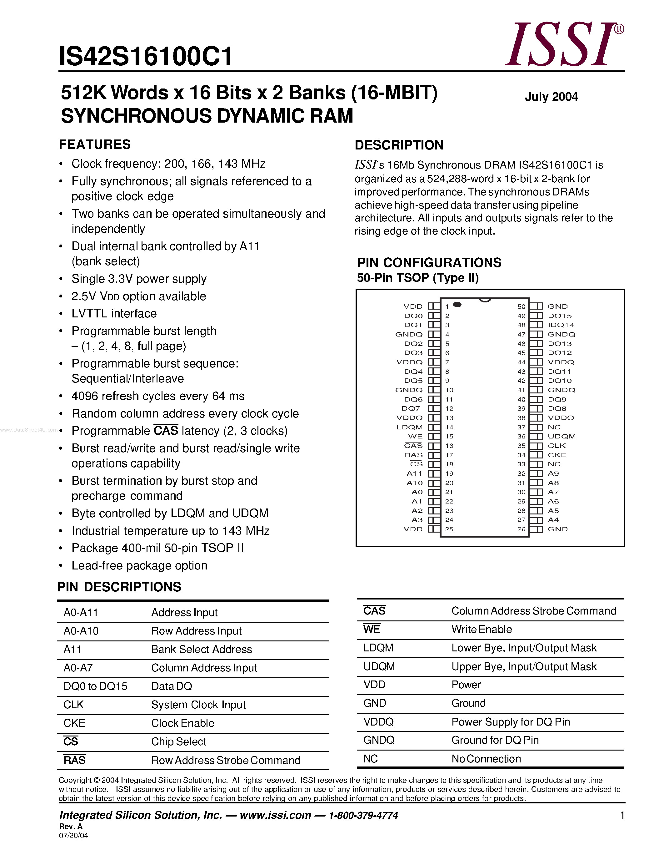 Datasheet IS42S16100C1 - 512K Words x 16 Bits x 2 Banks (16-MBIT) SYNCHRONOUS DYNAMIC RAM page 1