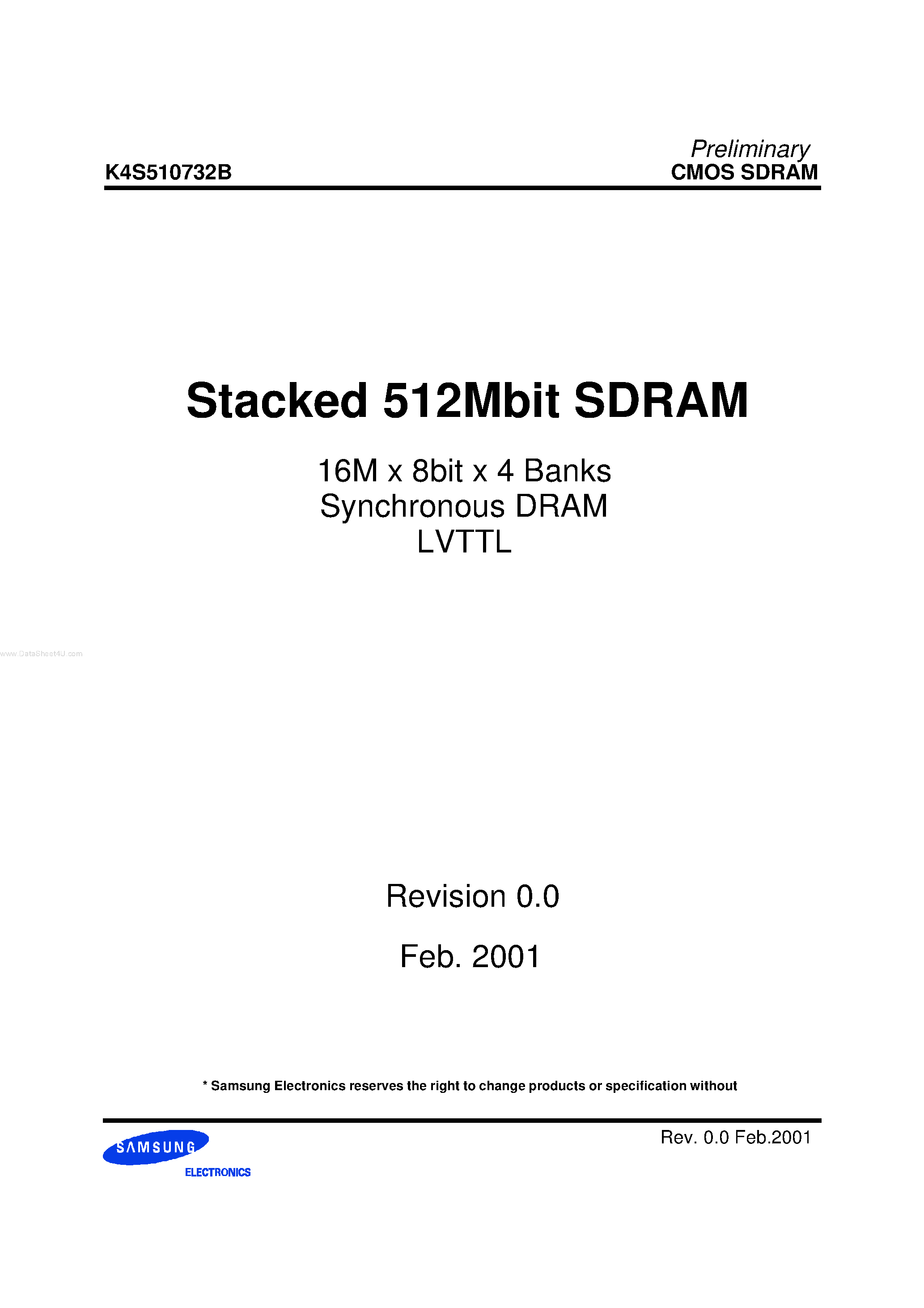 Даташит на микросхему K4S510732B страница 1 Даташит K4S510732B - Stacked 512Mbit SDRAM страница 1