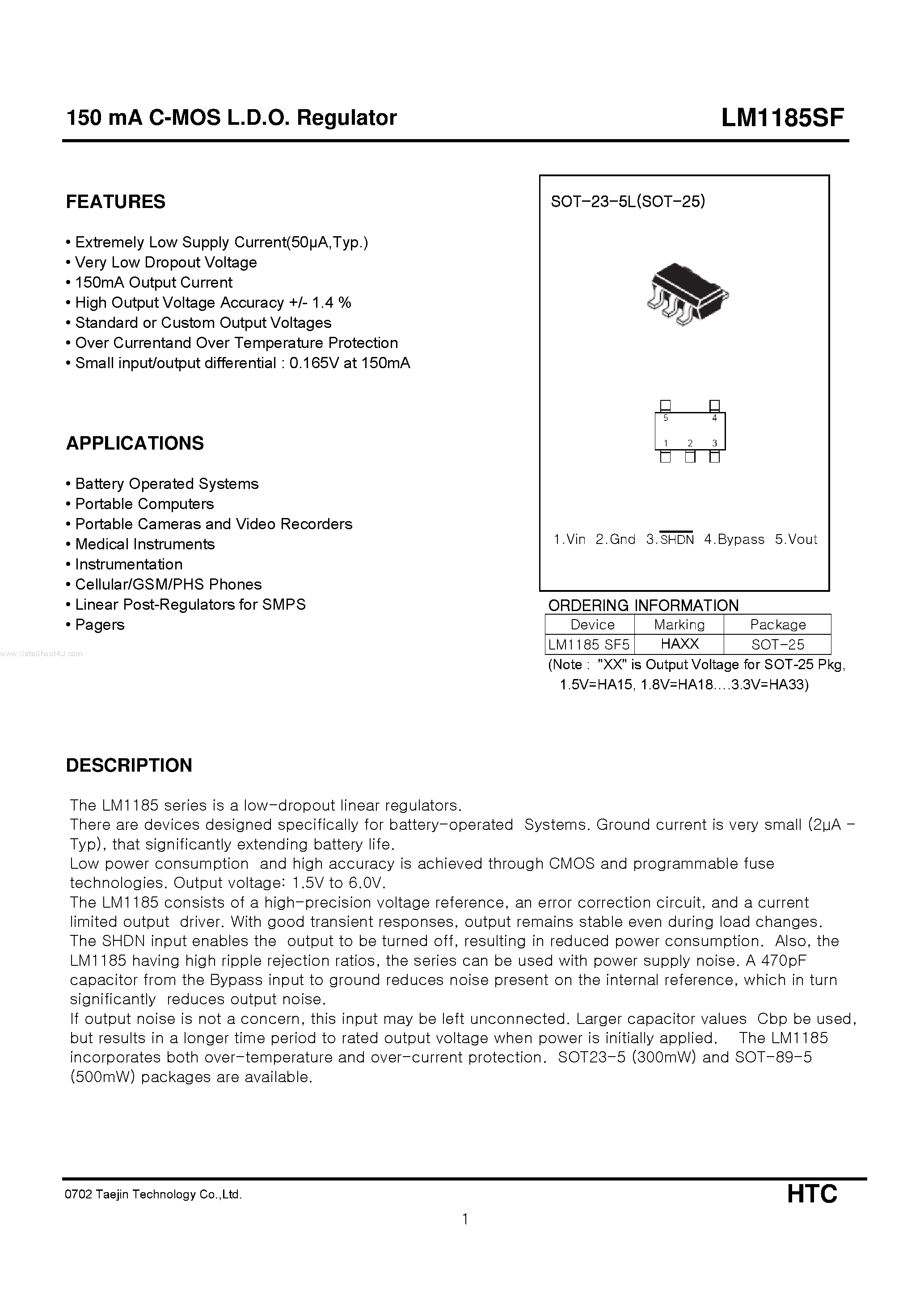 Datasheet LM1185SF page 1 Datasheet LM1185SF - C-MOS L.D.O. Regulator page 1