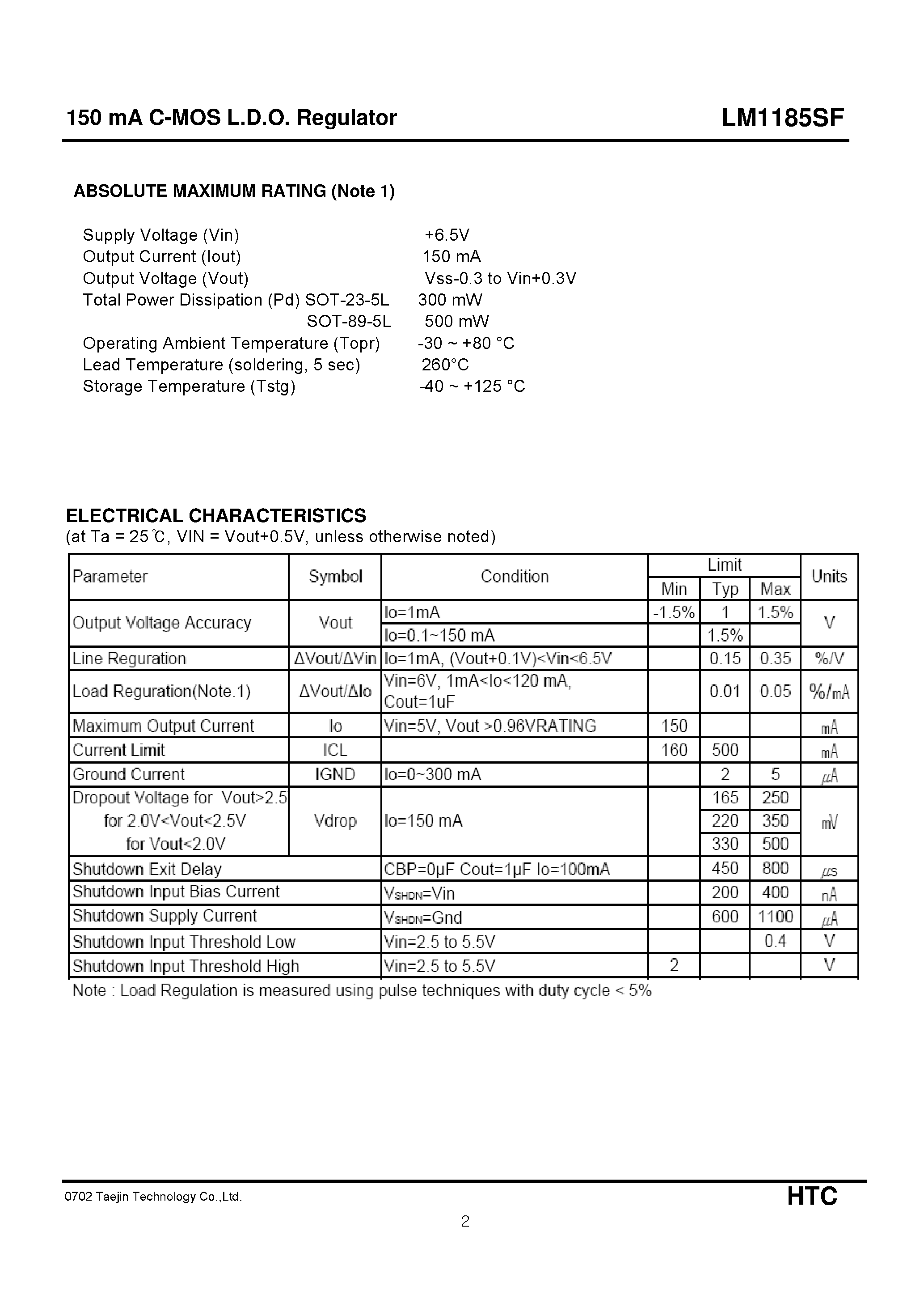 Datasheet LM1185SF page 2 Datasheet LM1185SF - C-MOS L.D.O. Regulator page 2