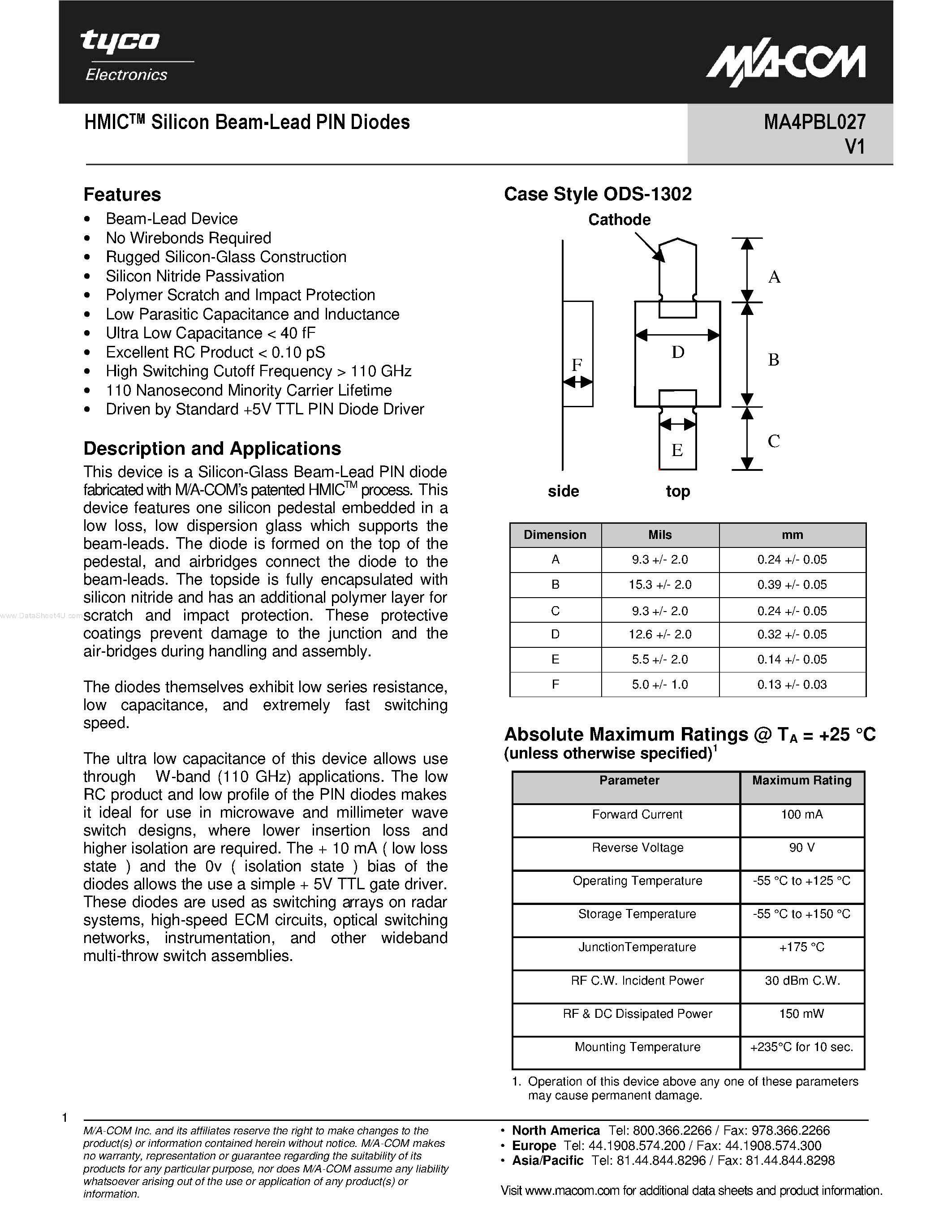 Даташит MA4PBL027 - HMICTM Silicon Beam-Lead PIN Diodes страница 1