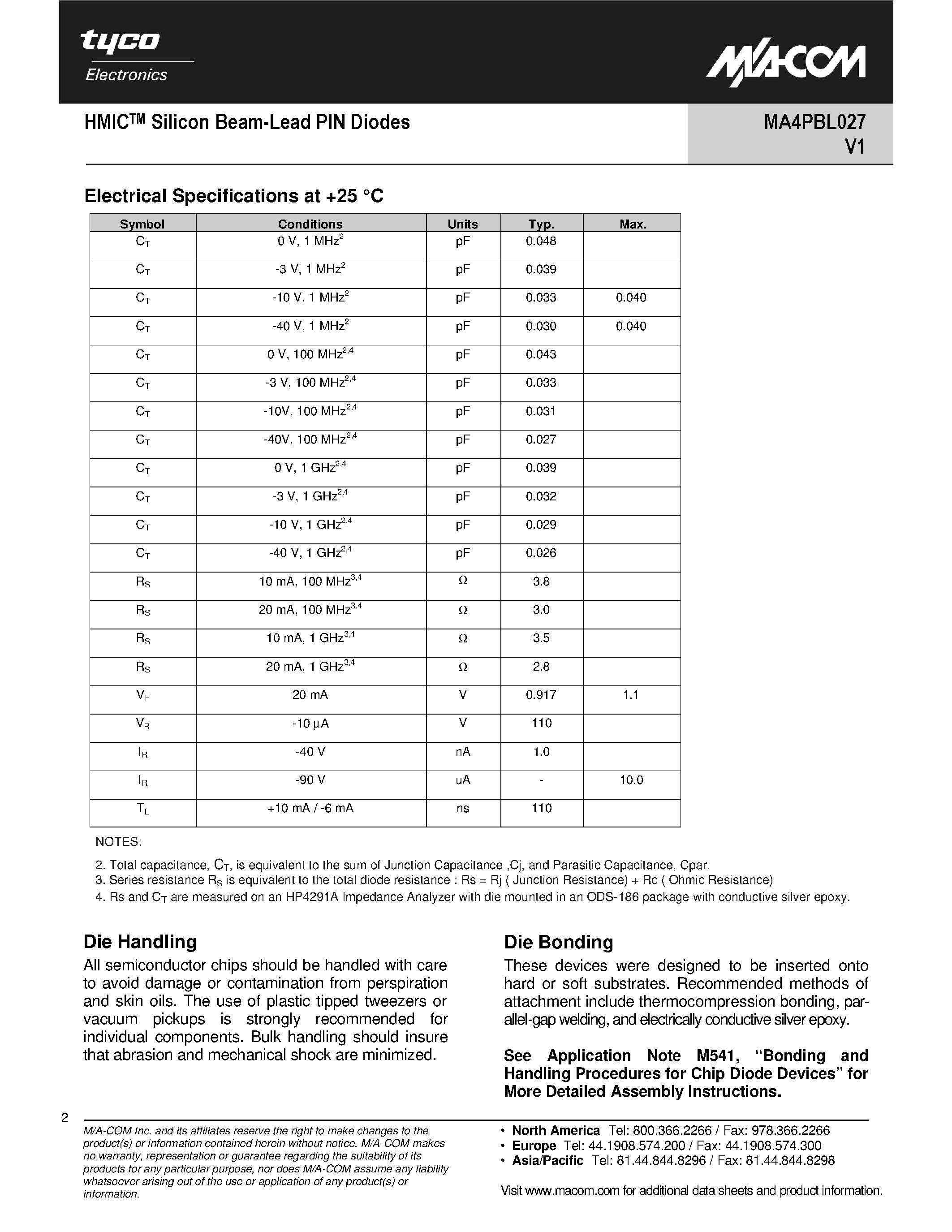 Даташит MA4PBL027 - HMICTM Silicon Beam-Lead PIN Diodes страница 2