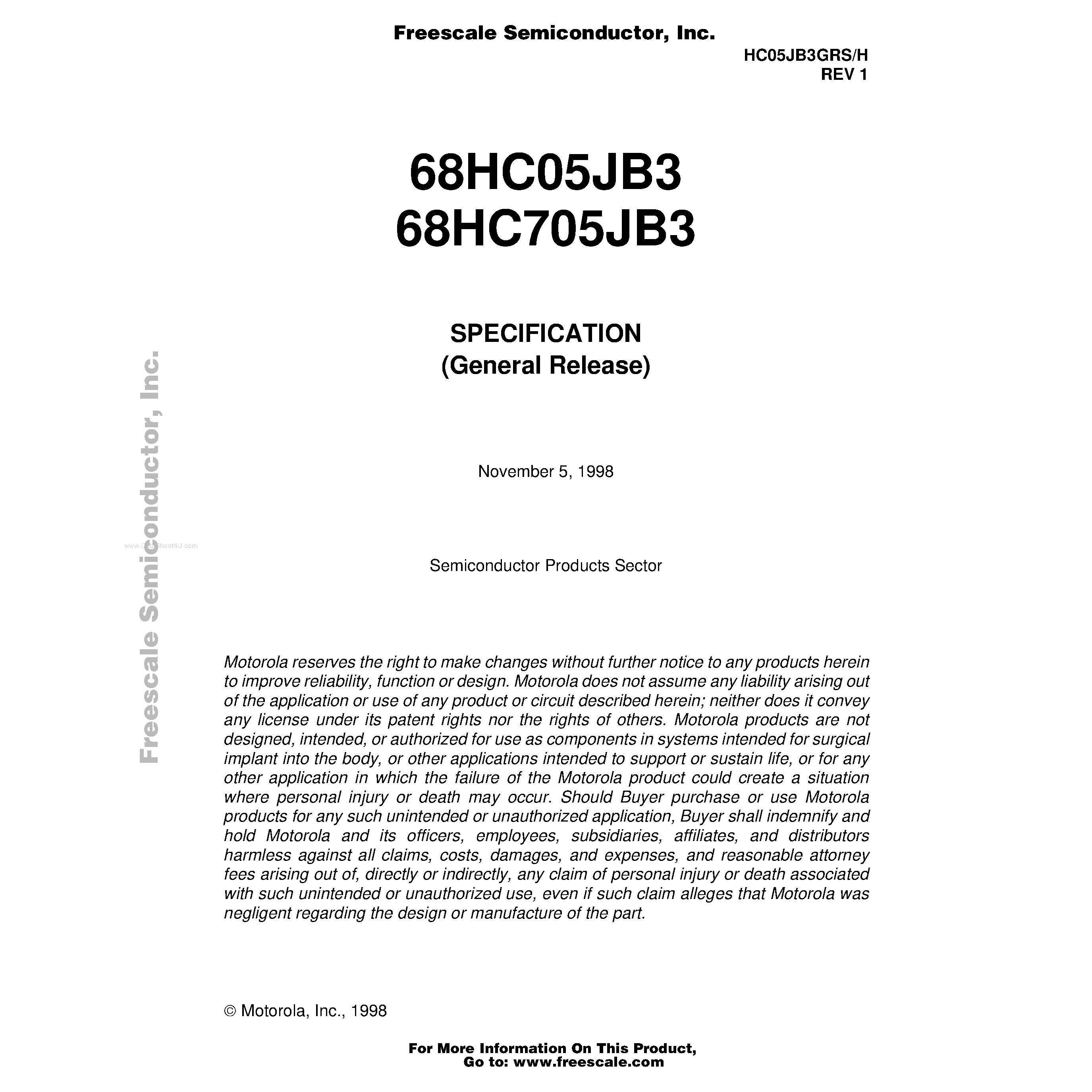 Datasheet 68HC05JB3 - (68HC05JB3 / 68HC705JB3) 8-bit microcontroller units page 1