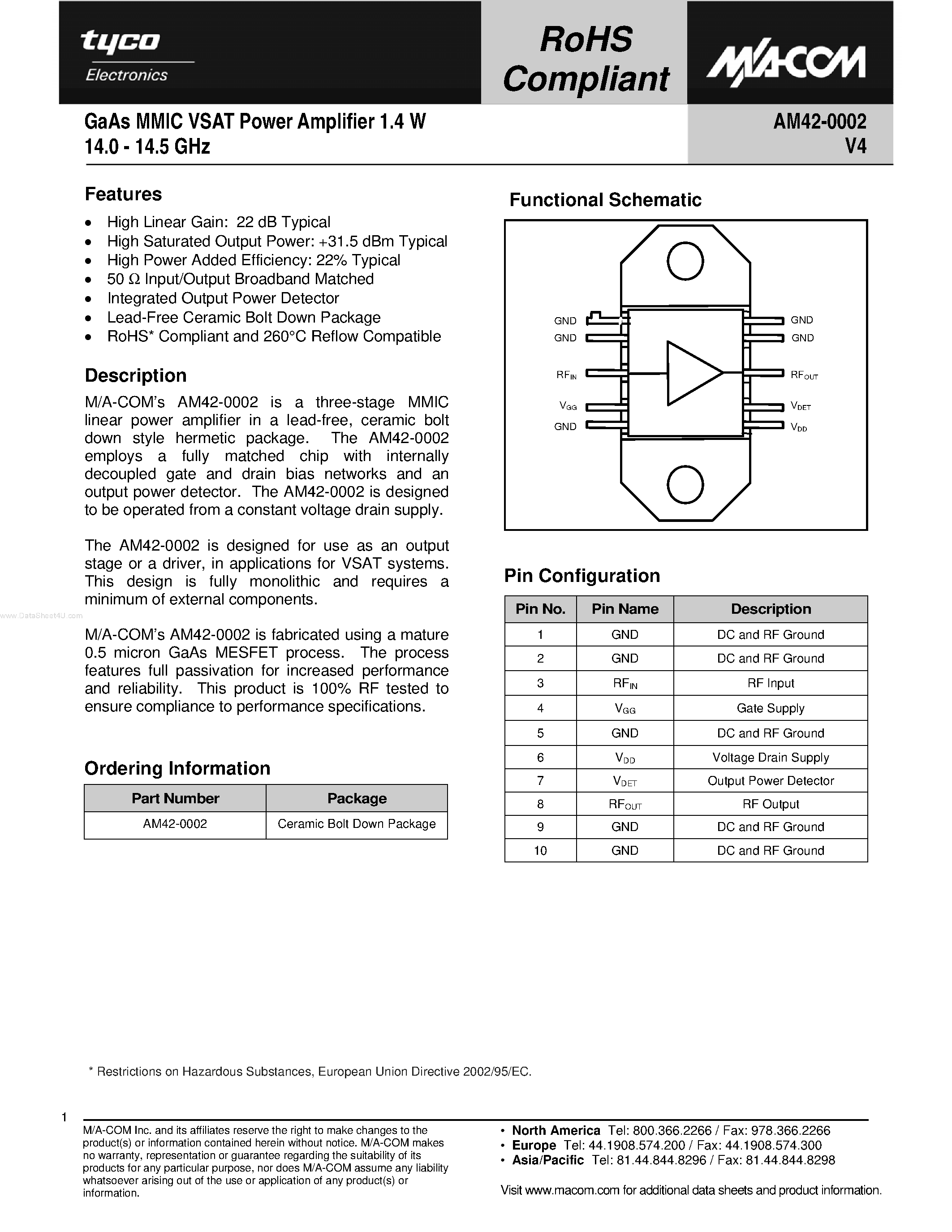 Datasheet AM42-0002 page 1 Datasheet AM42-0002 - GaAs MMIC VSAT Power Amplifier page 1