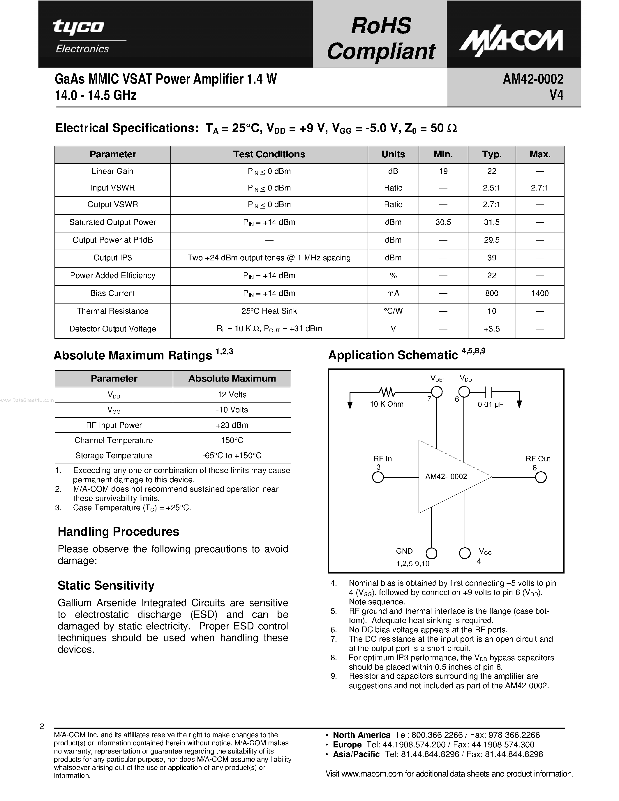 Datasheet AM42-0002 page 2 Datasheet AM42-0002 - GaAs MMIC VSAT Power Amplifier page 2