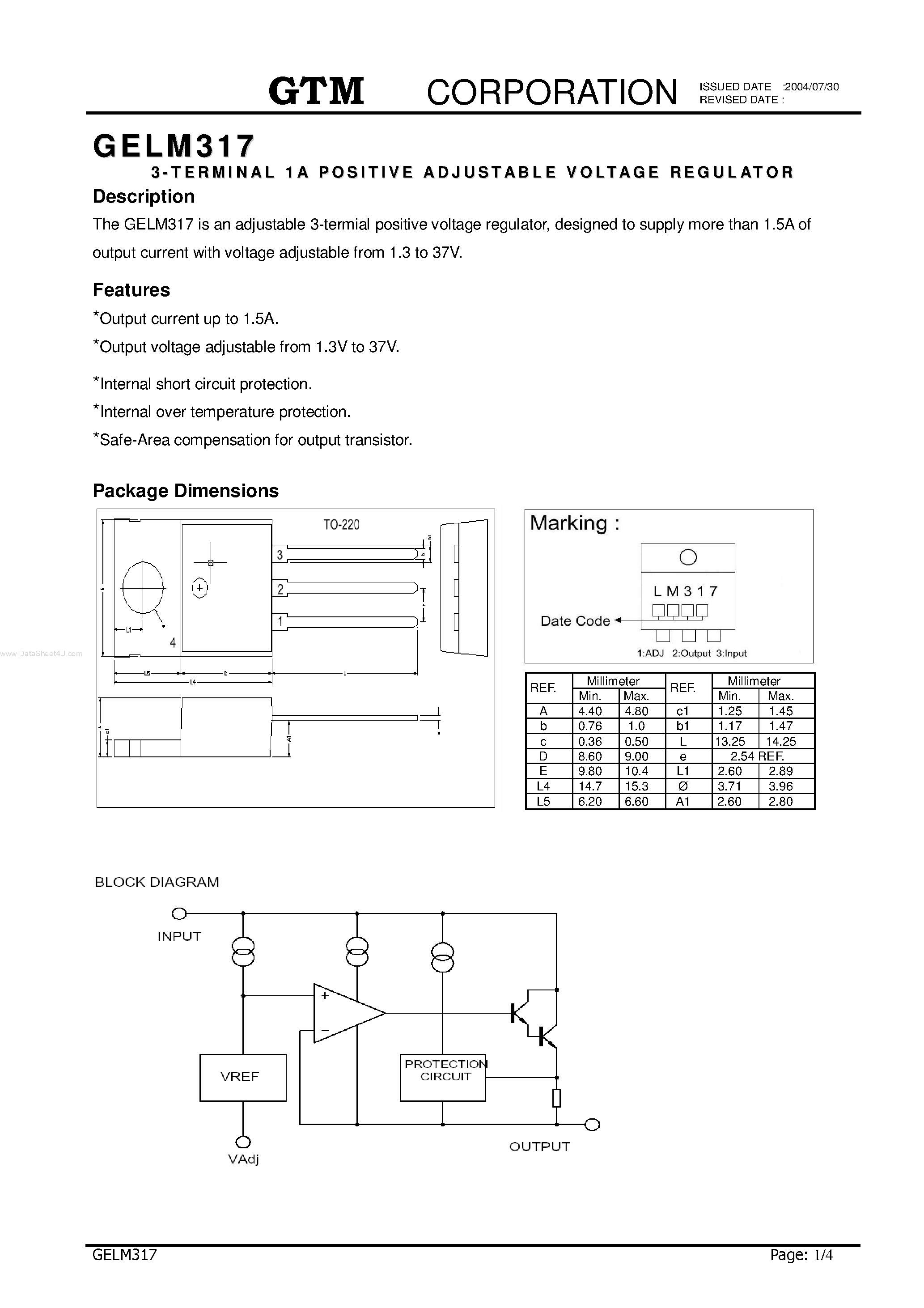 Даташит GELM317 - 3-TERMINAL 1A POSITIVE ADJUSTABLE VOLTAGE REGULATOR страница 1