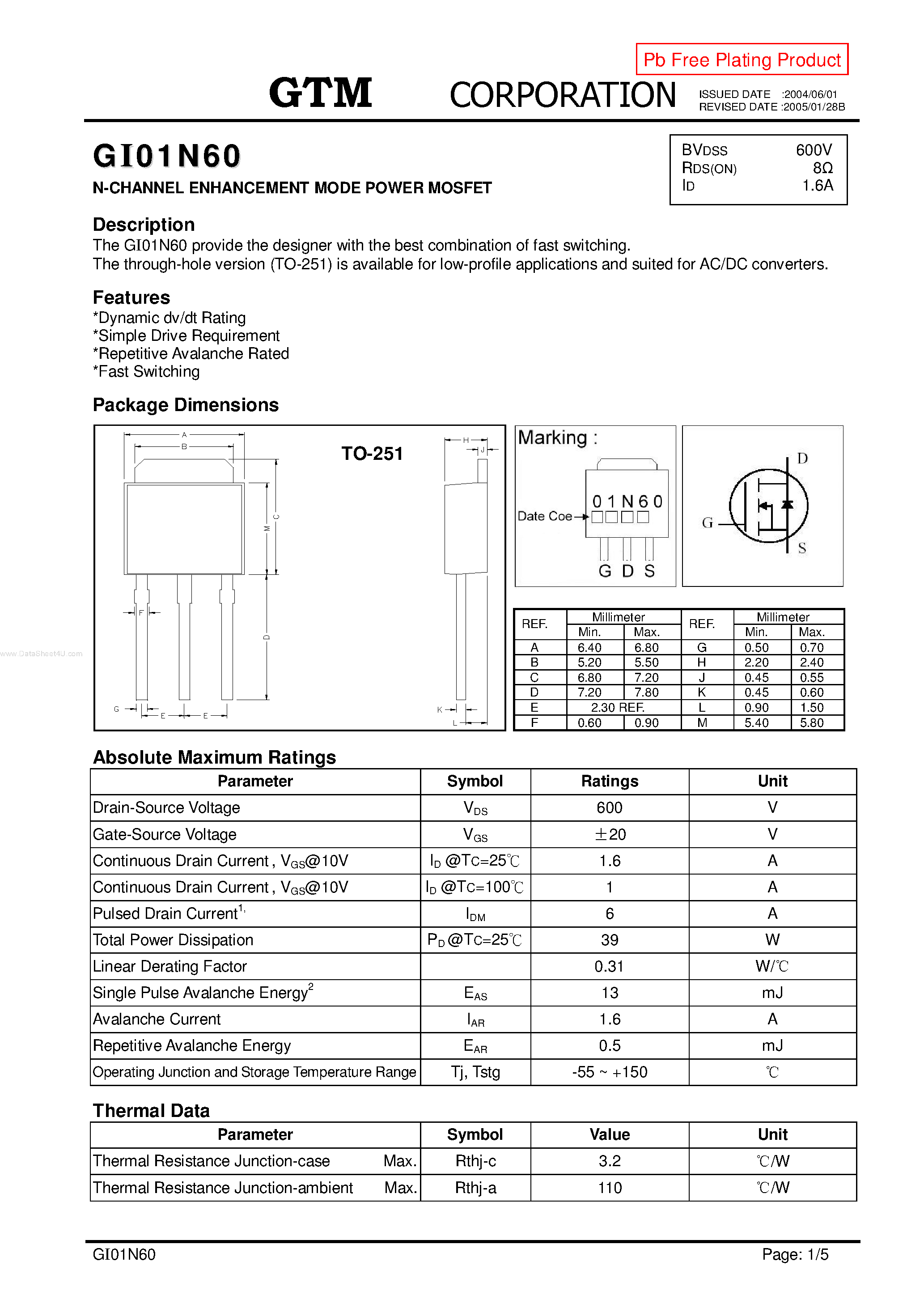 Datasheet GI01N60 - N-CHANNEL ENHANCEMENT MODE POWER MOSFET page 1