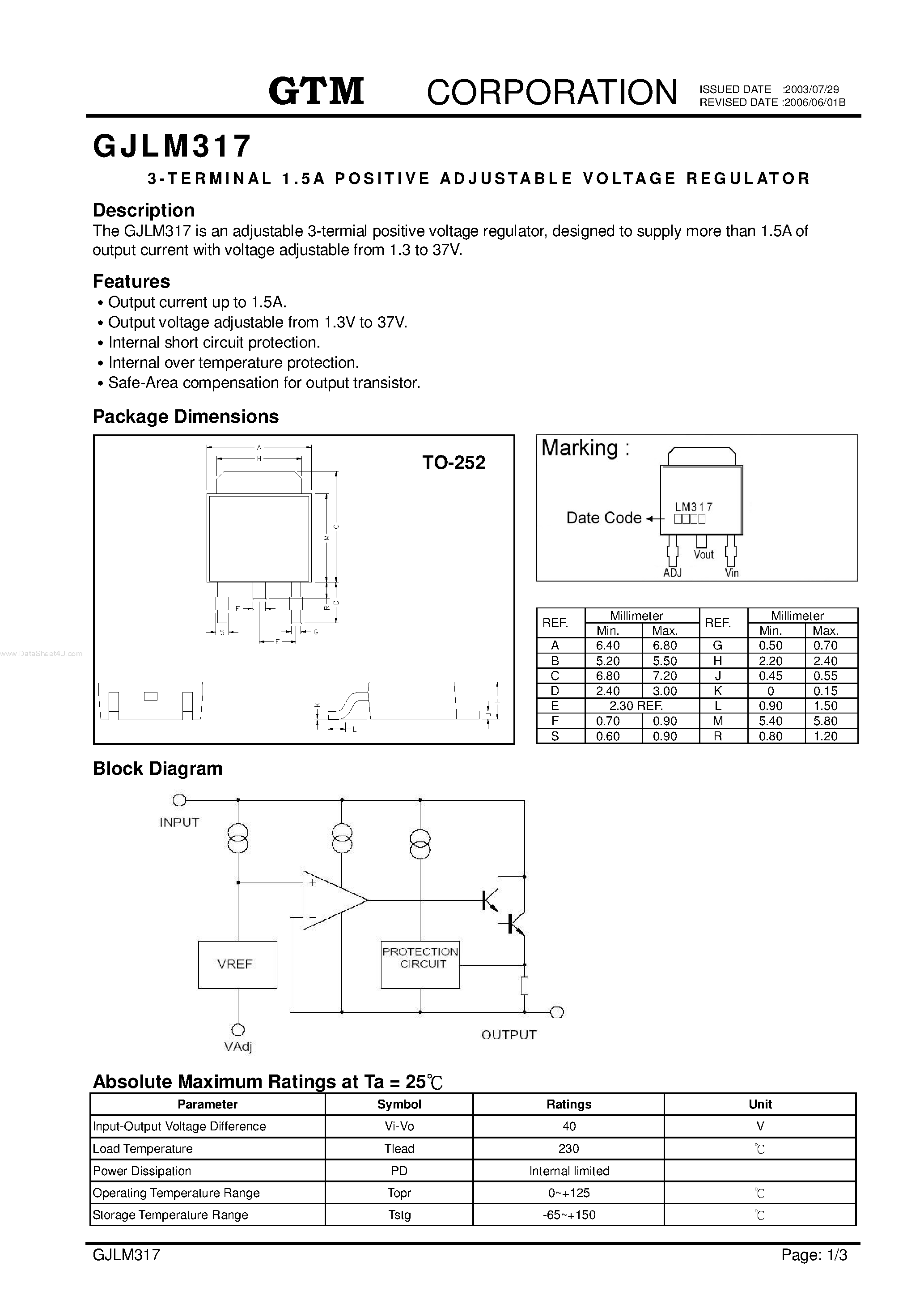 Даташит GJLM317 - 3-TERMINAL 1.5A POSITIVE ADJUSTABLE VOLTAGE REGULATOR страница 1