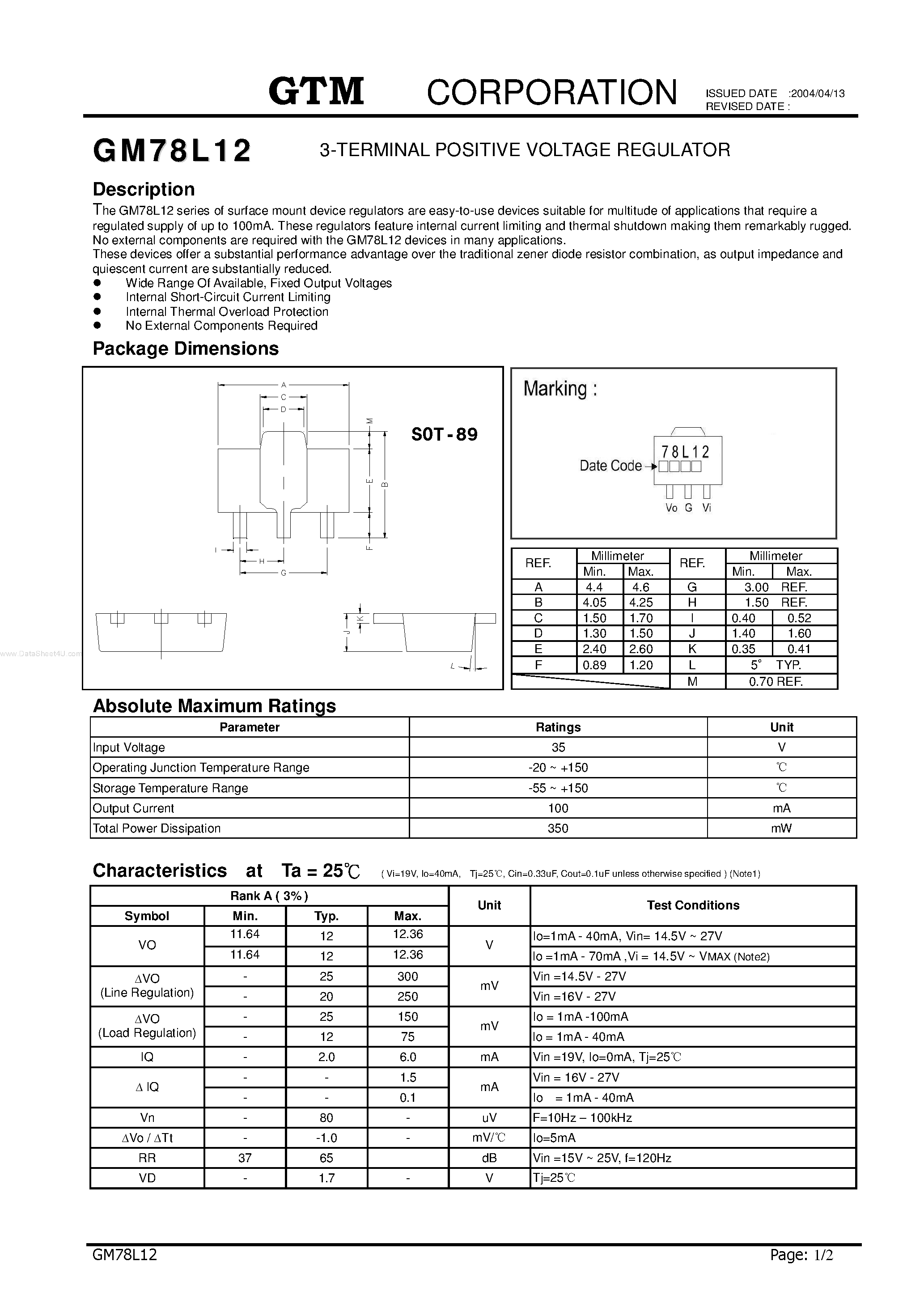 Даташит GM78L12 - 3-TERMINAL POSITIVE VOLTAGE REGULATOR страница 1