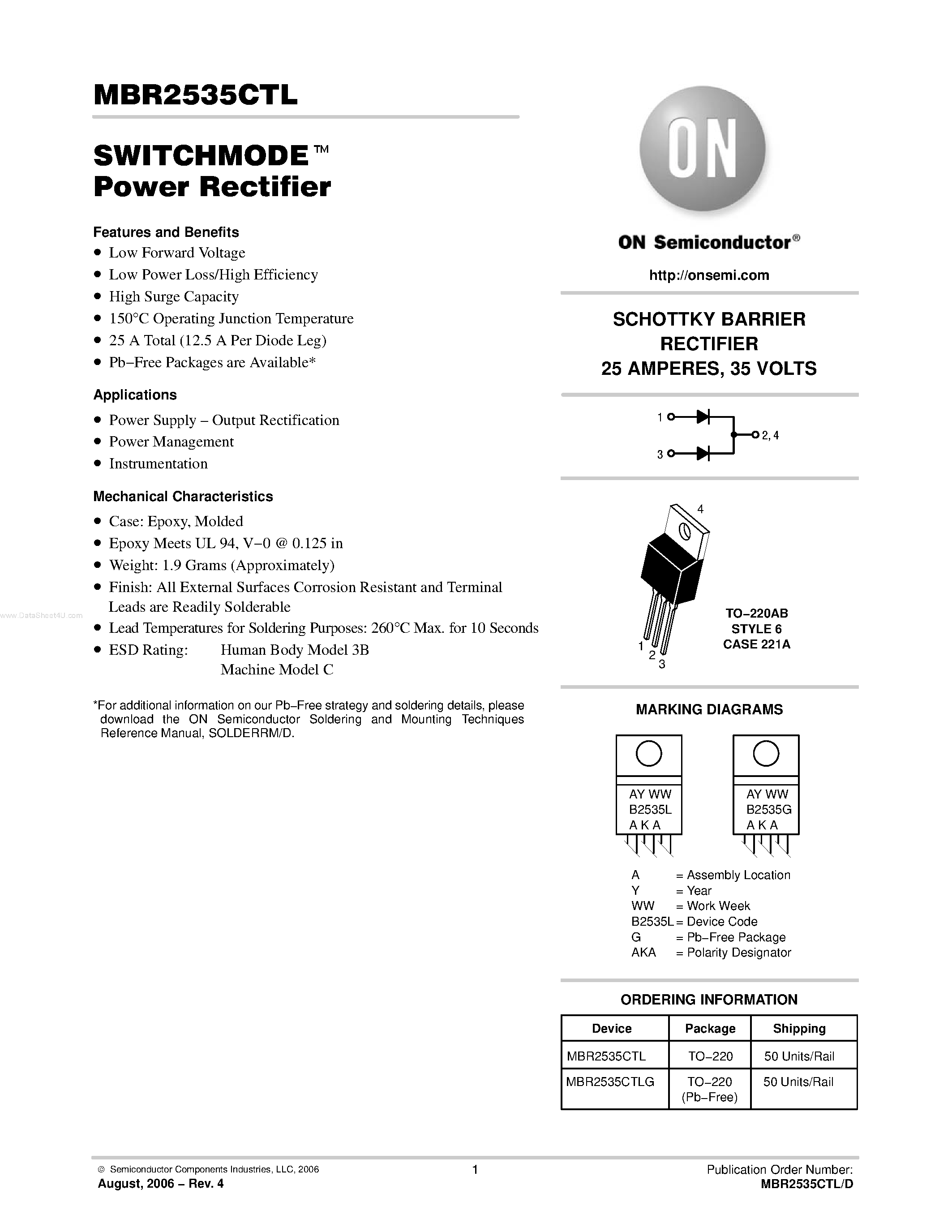 Даташит MBR2535CTL - SWITCHMODE Power Rectifier страница 1