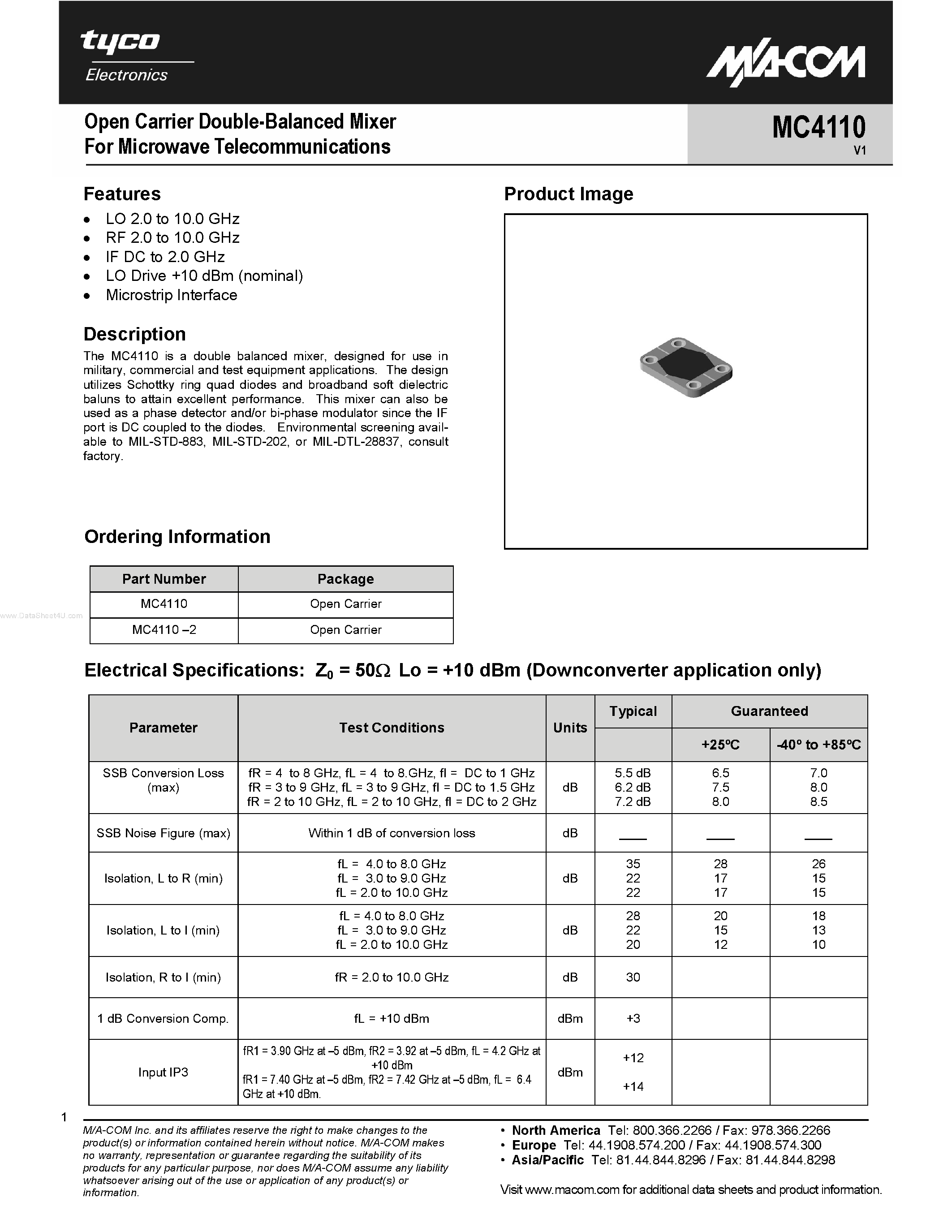 Datasheet MC4110 page 1 Datasheet MC4110 - Open Carrier Double-Balanced Mixer page 1