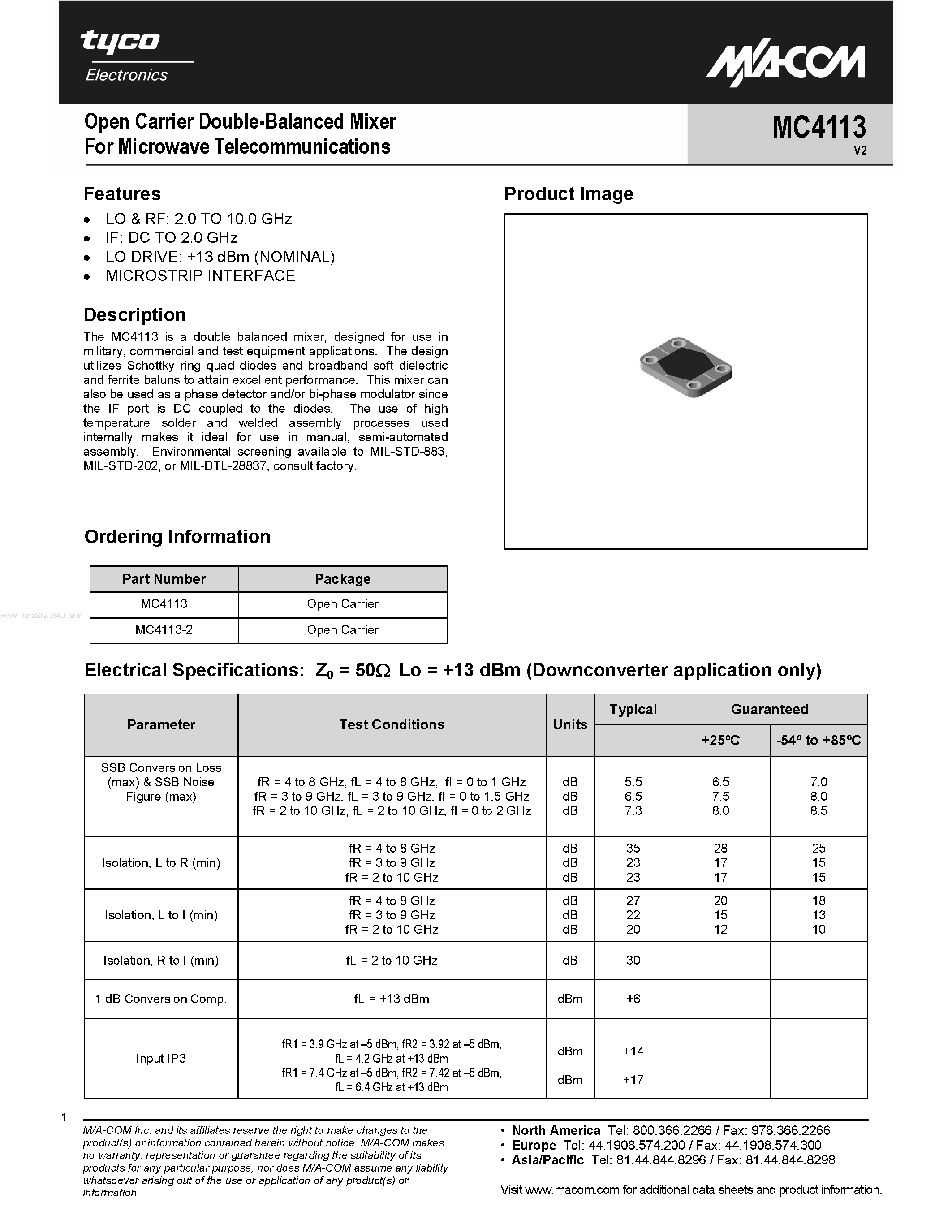 Datasheet MC4113 page 1 Datasheet MC4113 - Open Carrier Double-Balanced Mixer page 1
