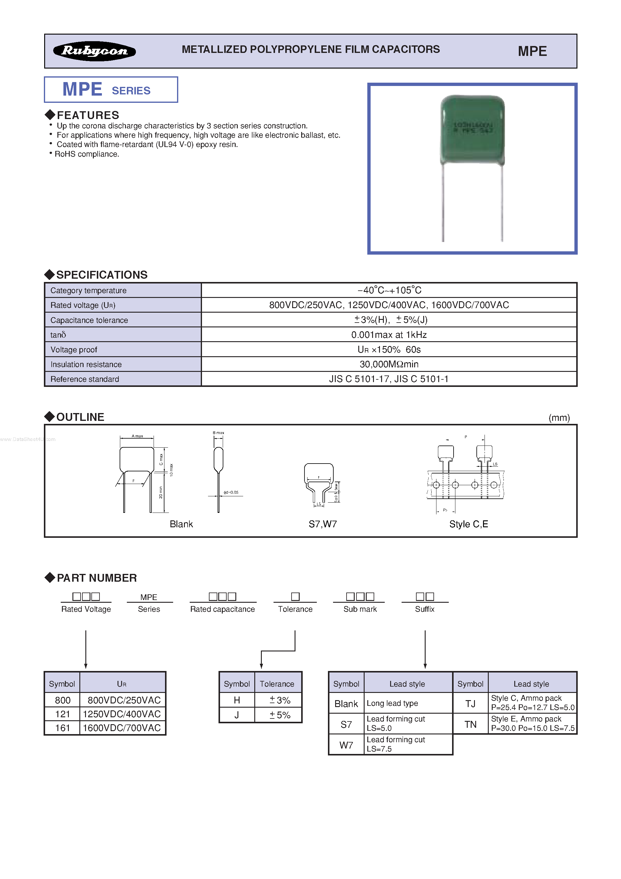 Datasheet MPE - METALLIZED POLYPROPYLENE FILM CAPACITORS page 1