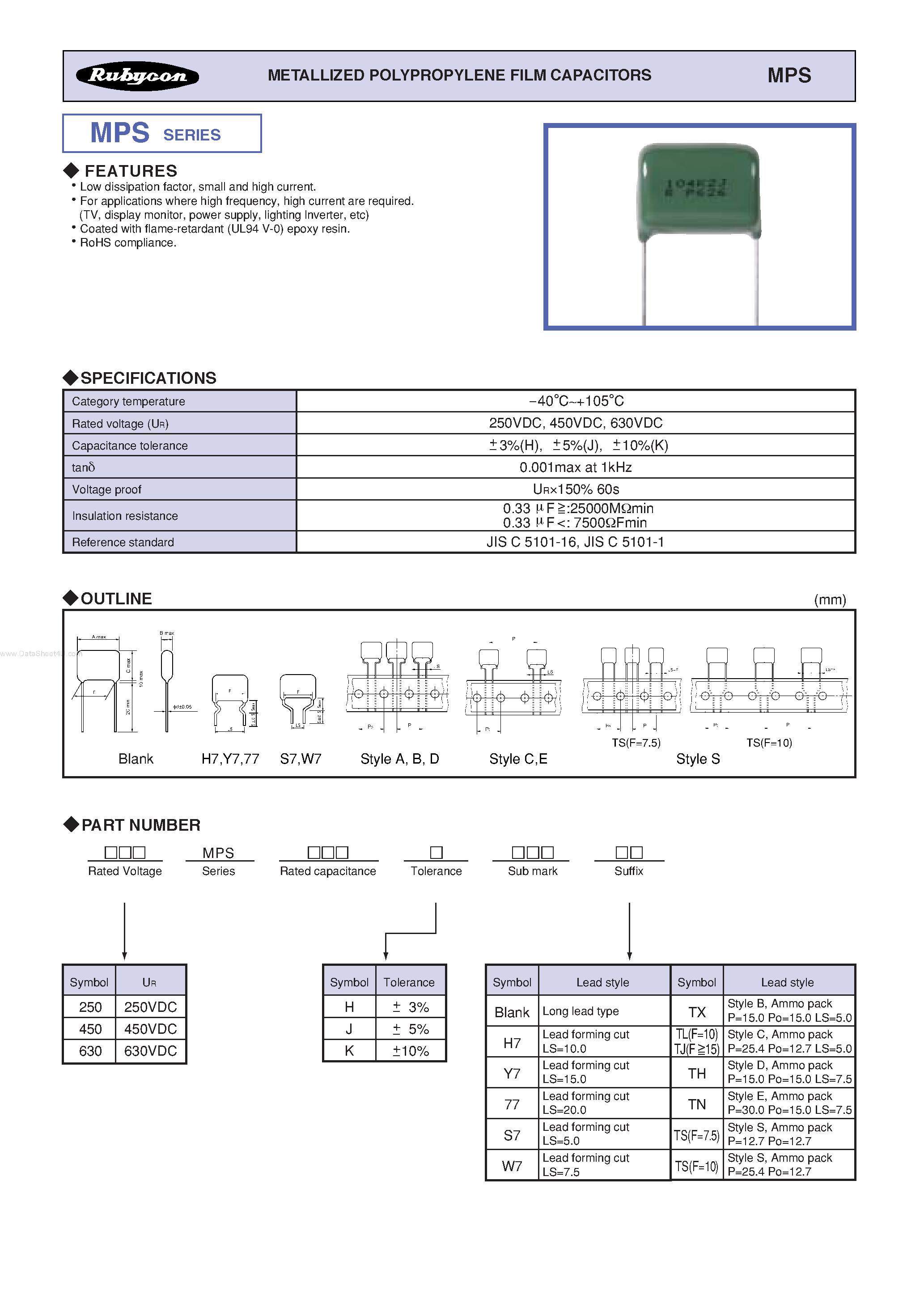 Datasheet MPS - METALLIZED POLYPROPYLENE FILM CAPACITORS page 1